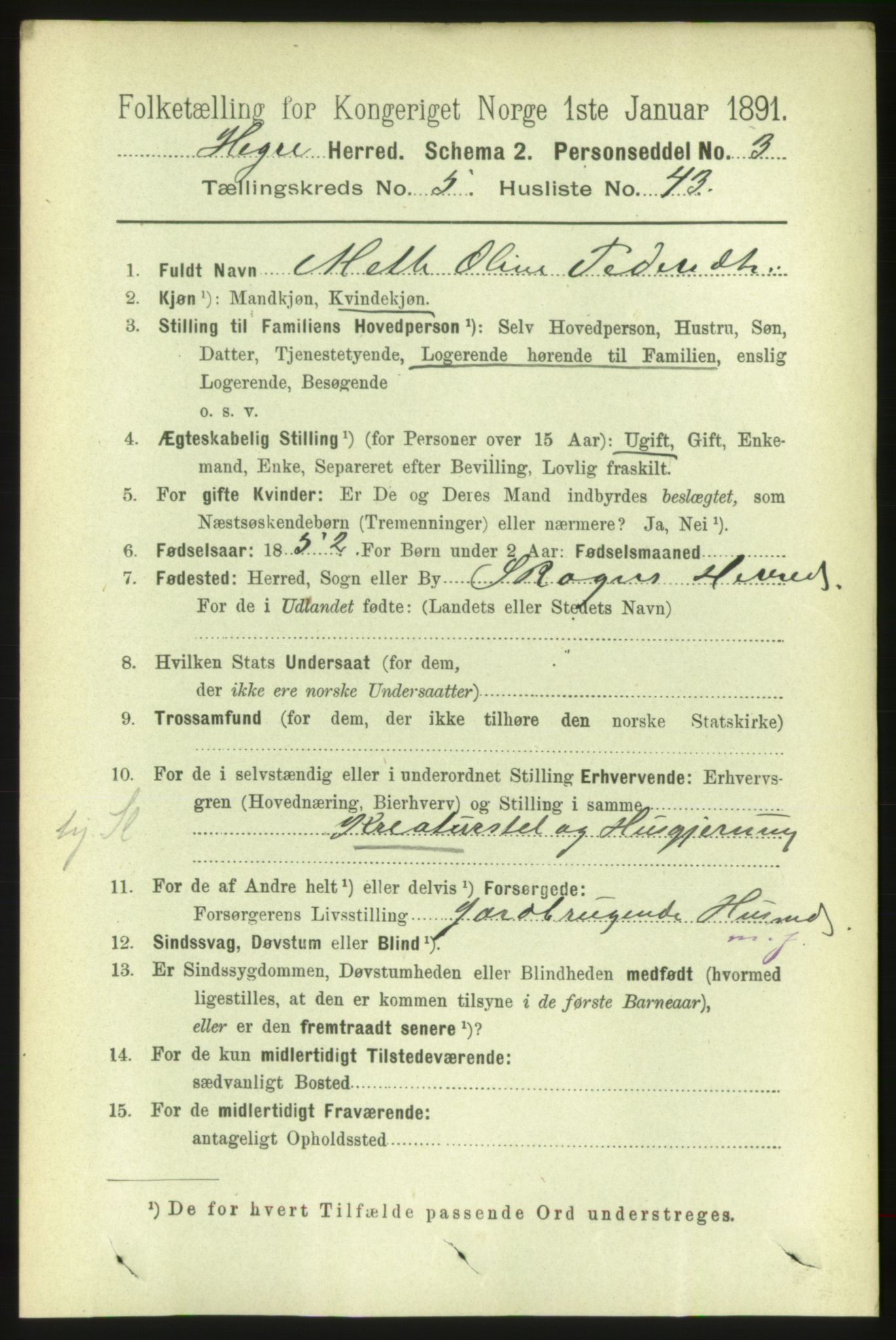 RA, 1891 census for 1712 Hegra, 1891, p. 2259