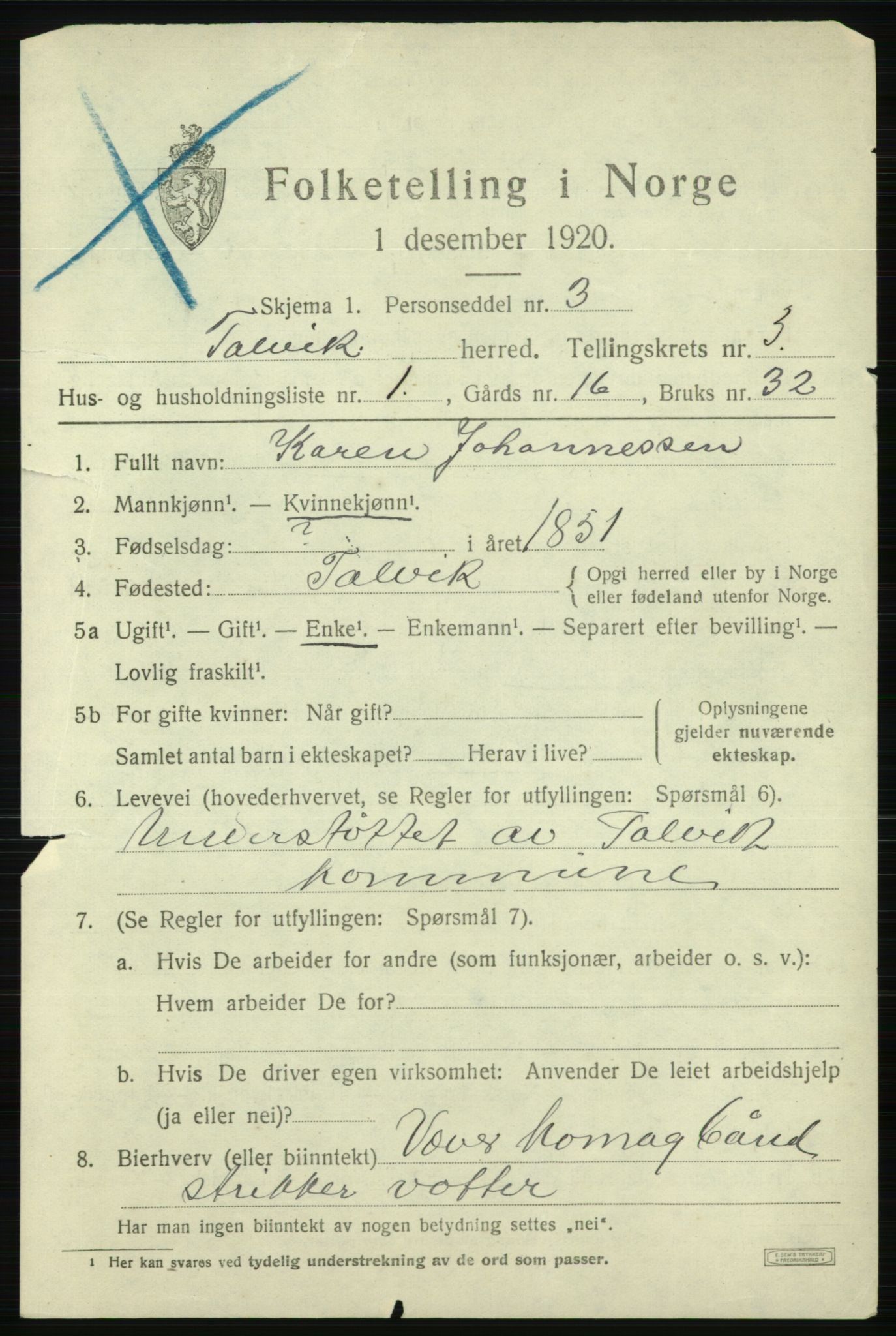 SATØ, 1920 census for Talvik, 1920, p. 2190