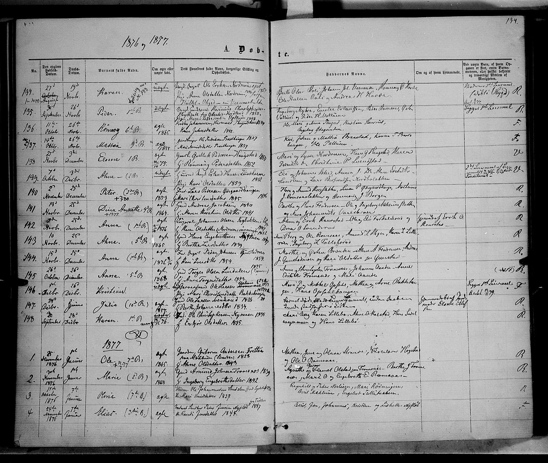 Ringebu prestekontor, AV/SAH-PREST-082/H/Ha/Haa/L0007: Parish register (official) no. 7, 1860-1877, p. 134
