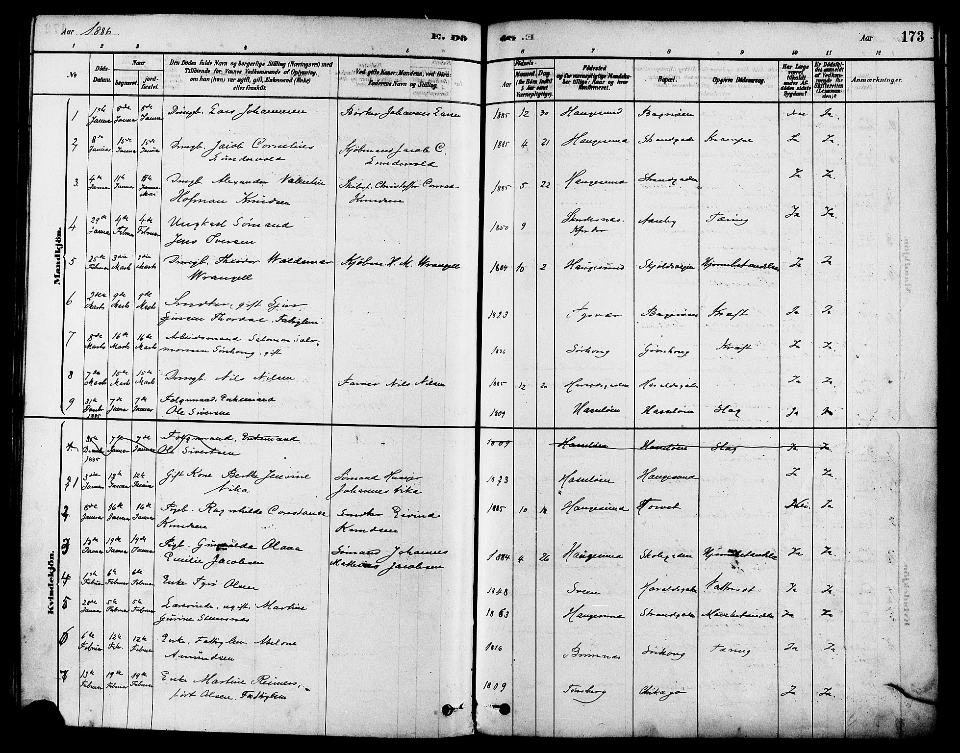 Haugesund sokneprestkontor, AV/SAST-A -101863/H/Ha/Haa/L0003: Parish register (official) no. A 3, 1885-1890, p. 173