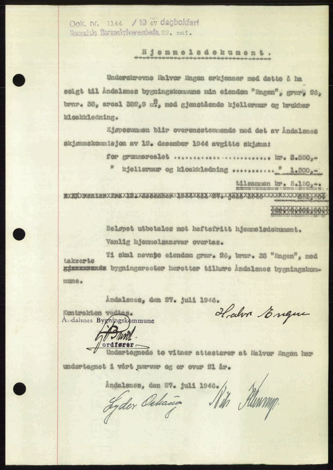 Romsdal sorenskriveri, AV/SAT-A-4149/1/2/2C: Mortgage book no. A23, 1947-1947, Diary no: : 1144/1947