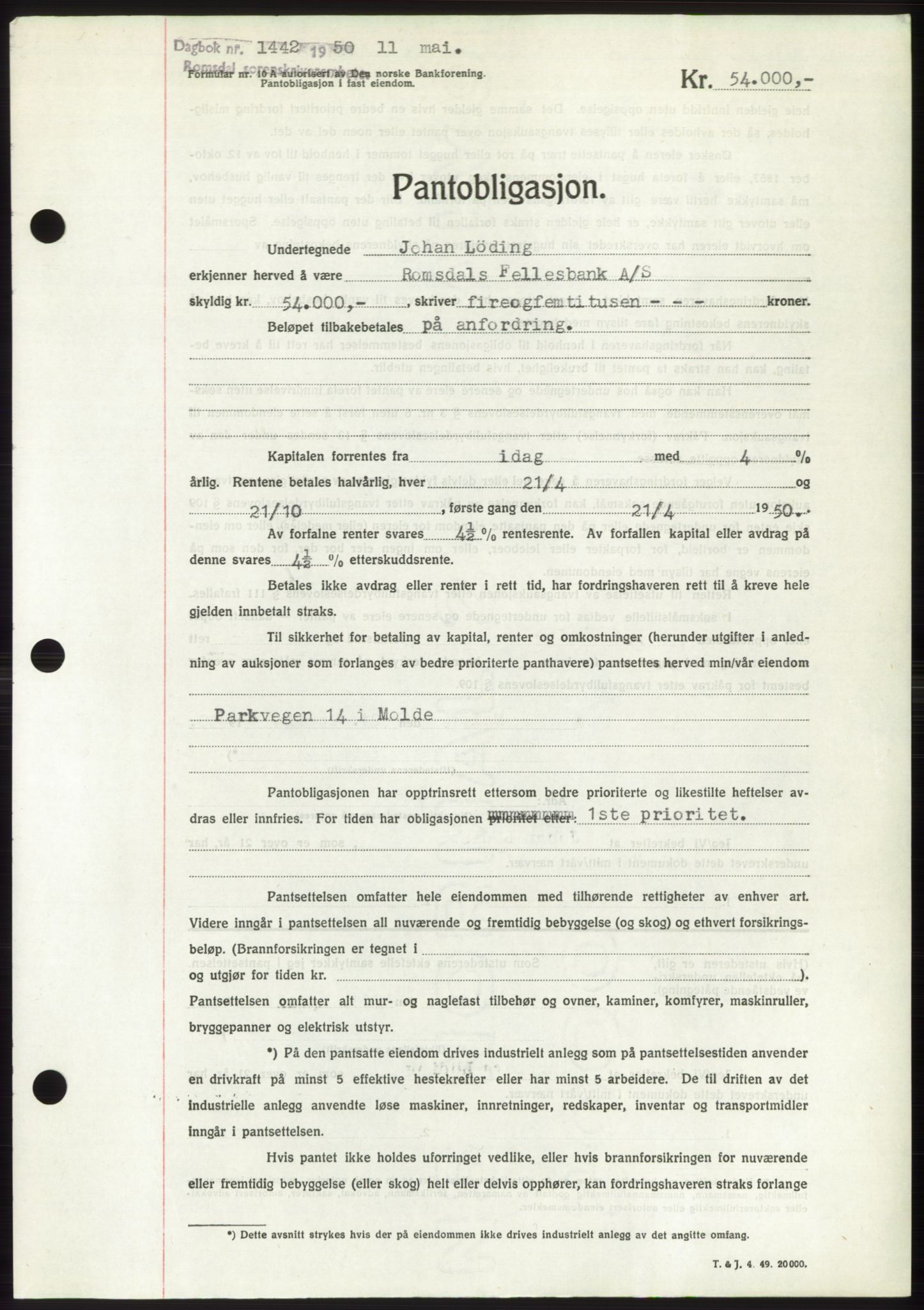 Romsdal sorenskriveri, AV/SAT-A-4149/1/2/2C: Mortgage book no. B5, 1949-1950, Diary no: : 1442/1950