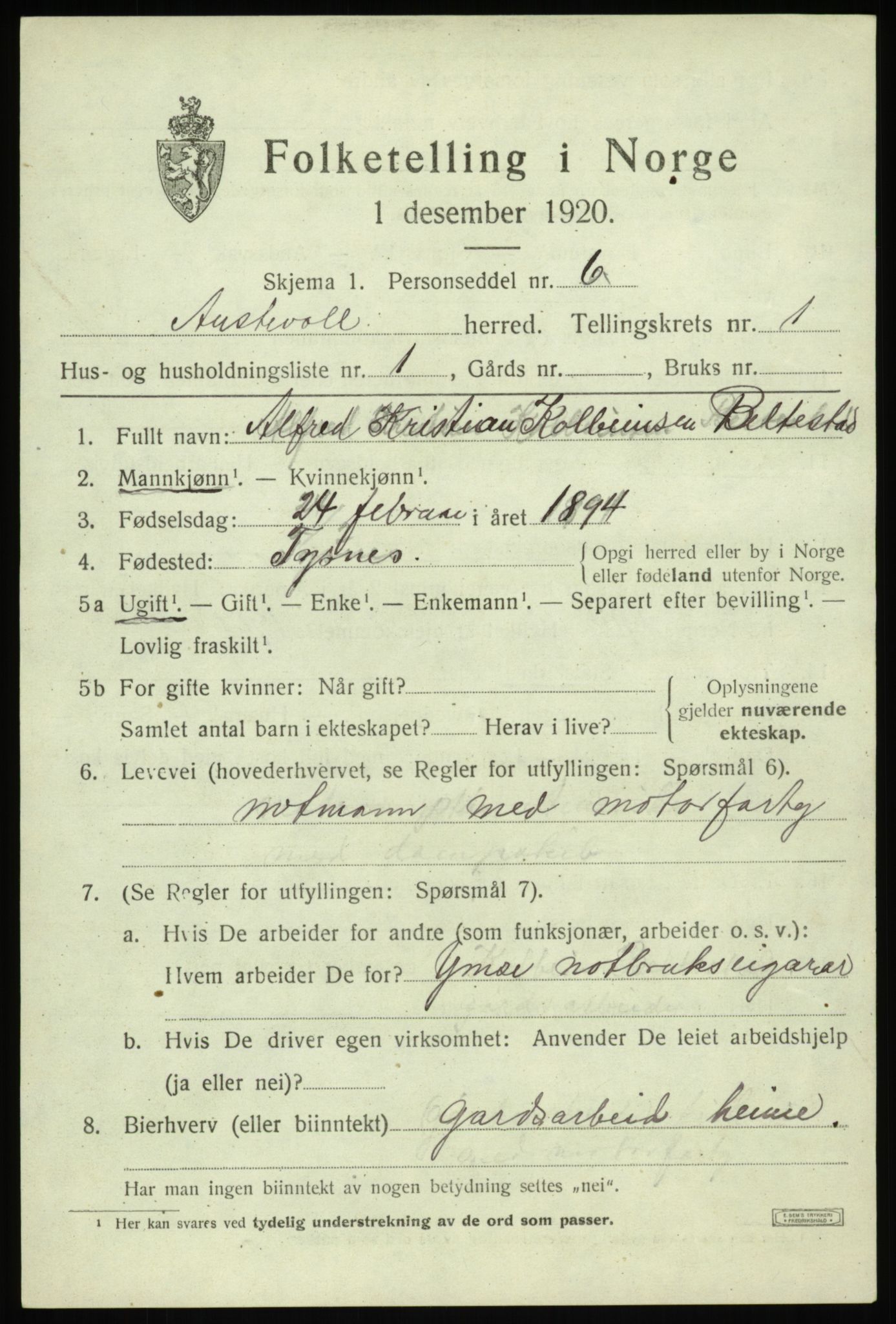 SAB, 1920 census for Austevoll, 1920, p. 910