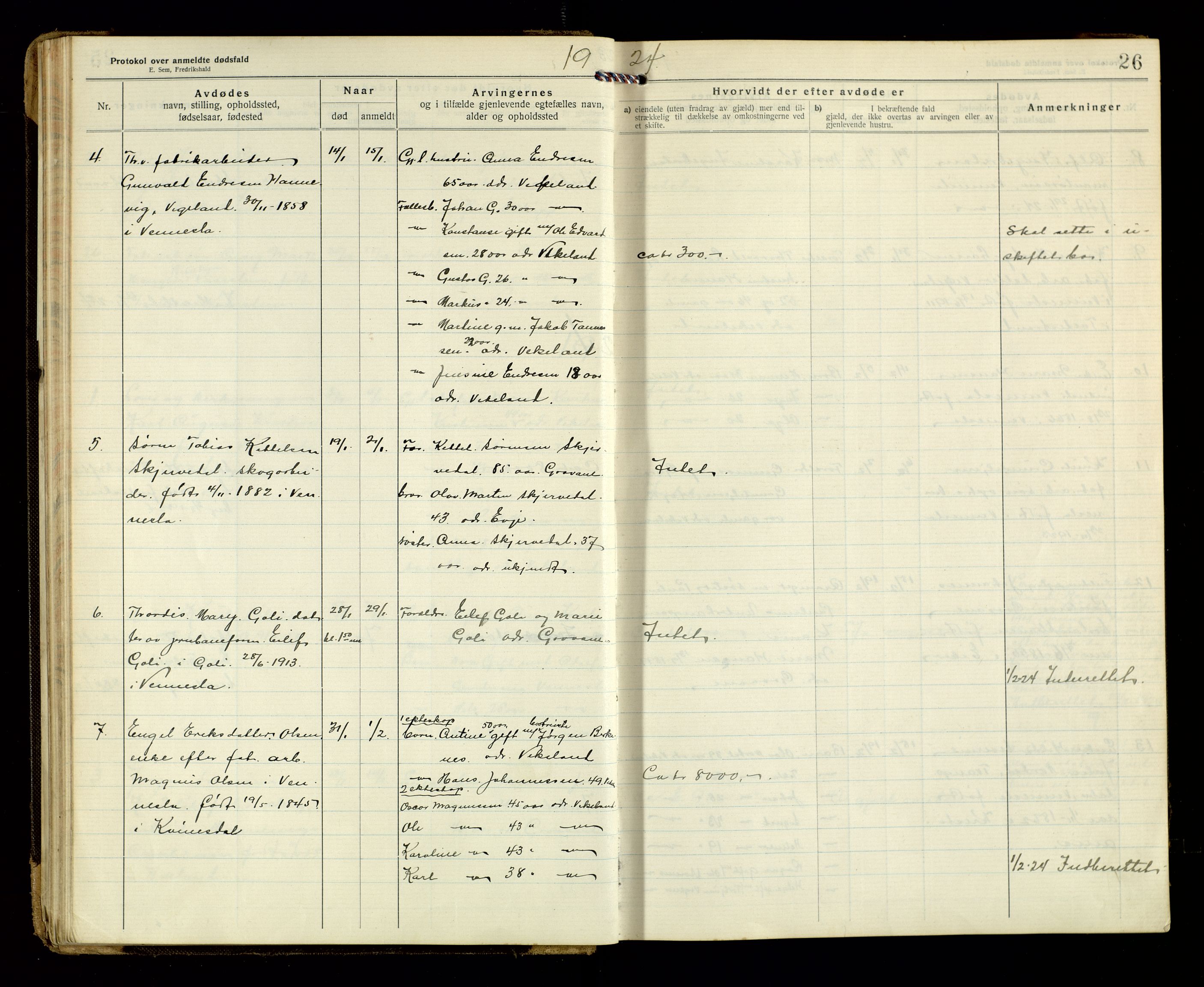 Vennesla og Iveland lensmannskontor, AV/SAK-1241-0050/F/Fe/L0001: Dødsfallsprotokoll nr 7, 1920-1940, p. 26