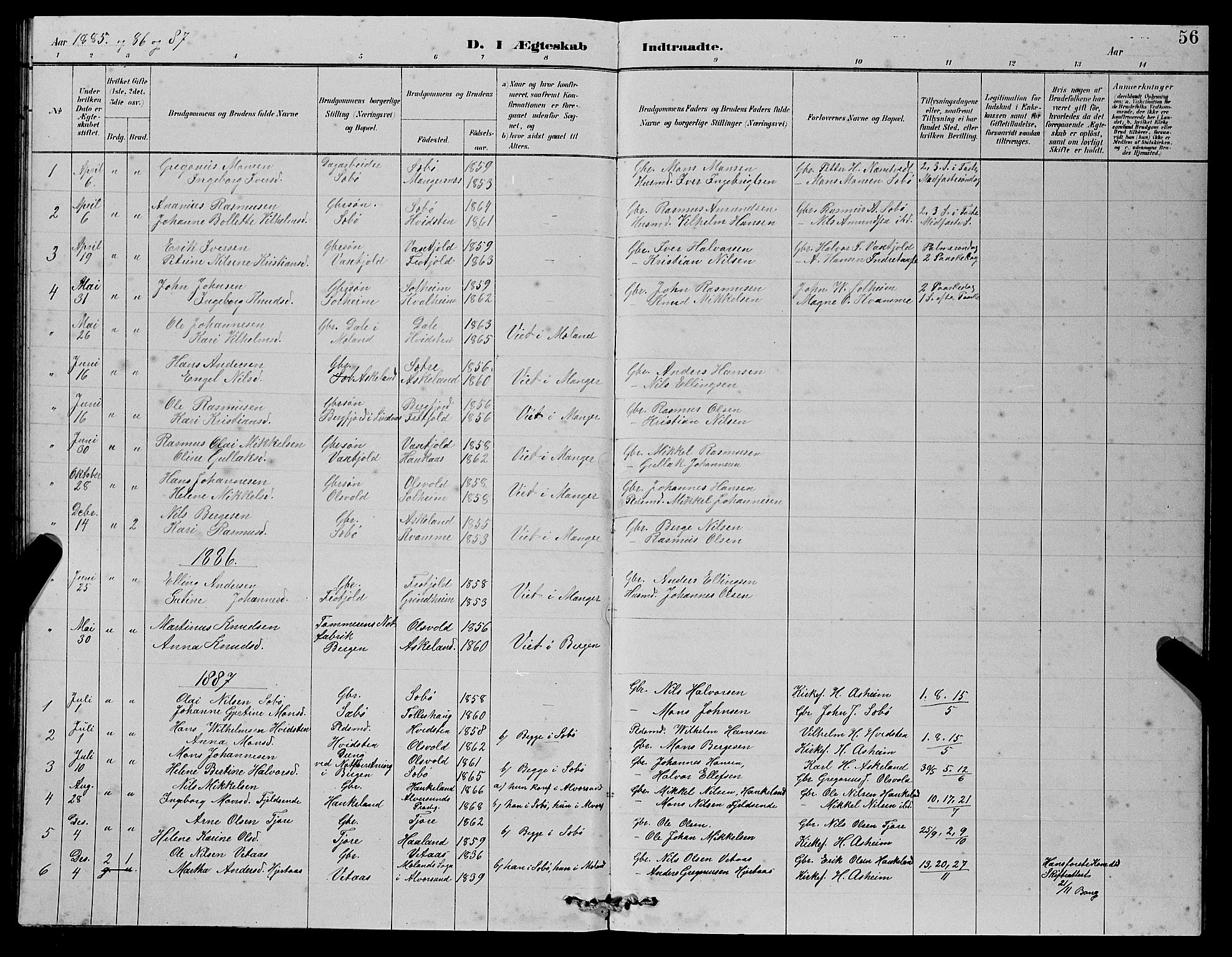 Manger sokneprestembete, AV/SAB-A-76801/H/Haa: Parish register (official) no. D 2, 1894-1908, p. 56