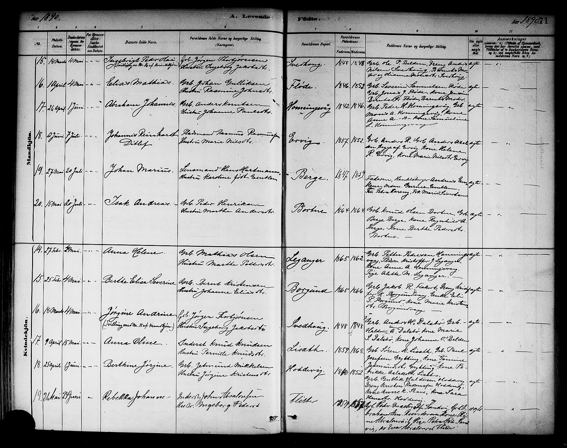 Selje sokneprestembete, SAB/A-99938/H/Ha/Haa/Haab: Parish register (official) no. B 1, 1881-1890, p. 71