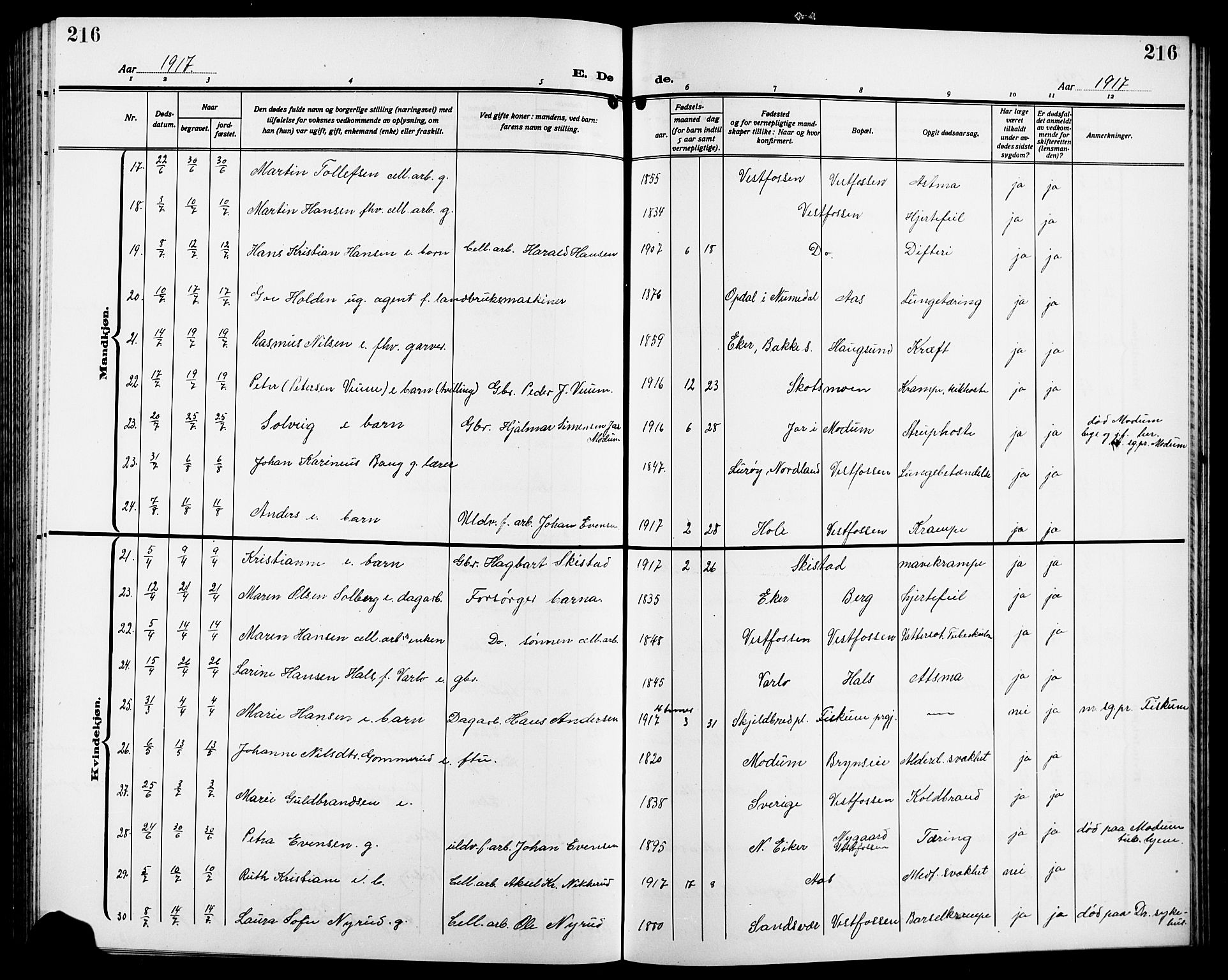 Eiker kirkebøker, AV/SAKO-A-4/G/Ga/L0009: Parish register (copy) no. I 9, 1915-1924, p. 216