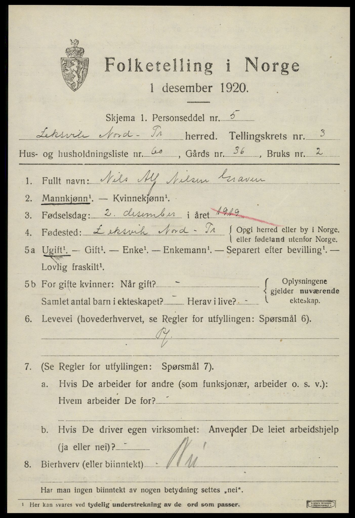 SAT, 1920 census for Leksvik, 1920, p. 3496