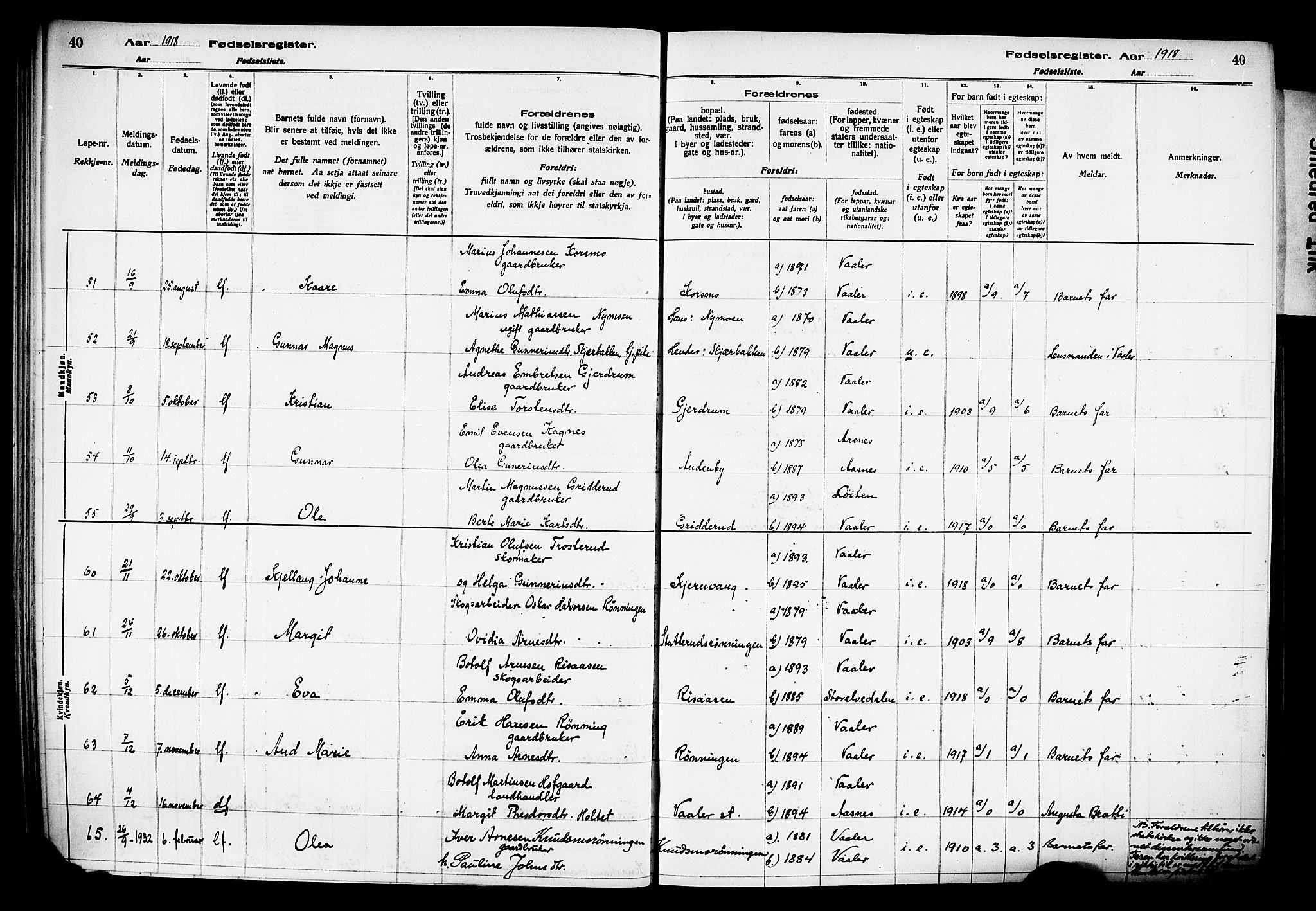 Våler prestekontor, Hedmark, AV/SAH-PREST-040/I/Id/L0001: Birth register no. 1, 1916-1930, p. 40