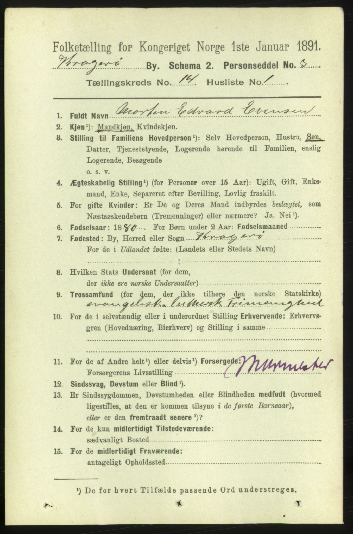 RA, 1891 census for 0801 Kragerø, 1891, p. 4078