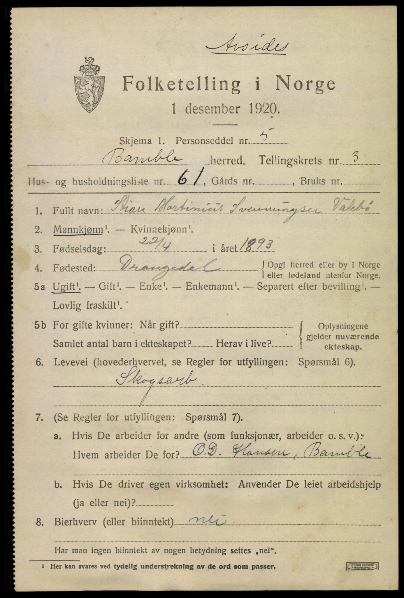 SAKO, 1920 census for Bamble, 1920, p. 4449