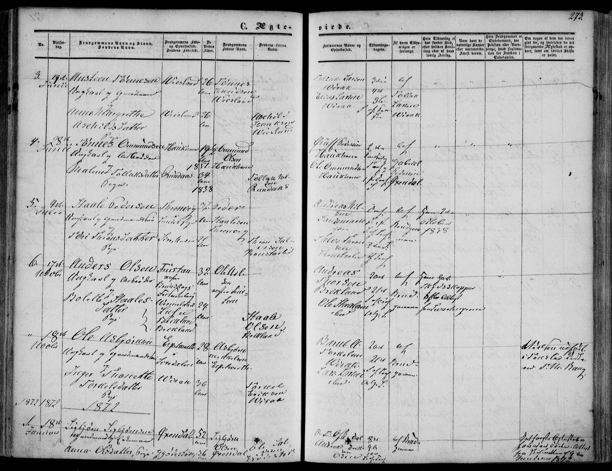 Bakke sokneprestkontor, SAK/1111-0002/F/Fa/Faa/L0006: Parish register (official) no. A 6, 1855-1877, p. 273