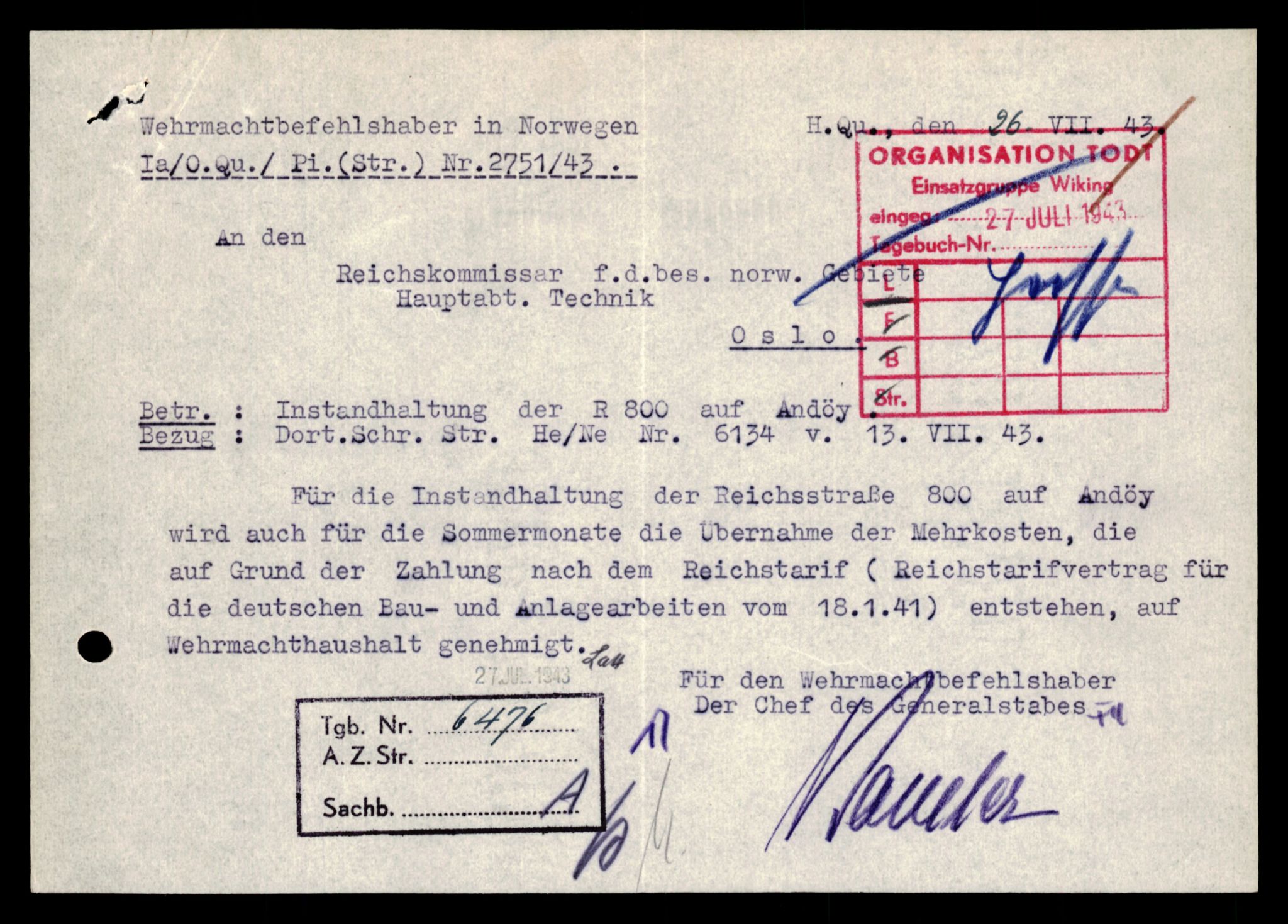 Forsvarets Overkommando. 2 kontor. Arkiv 11.4. Spredte tyske arkivsaker, AV/RA-RAFA-7031/D/Dar/Darb/L0001: Reichskommissariat - Hauptabteilung Technik und Verkehr, 1940-1944, p. 323