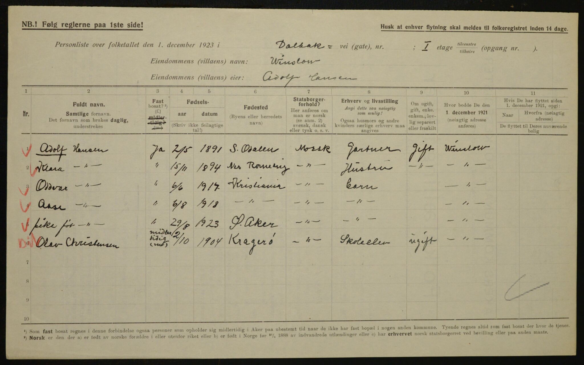 , Municipal Census 1923 for Aker, 1923, p. 23264