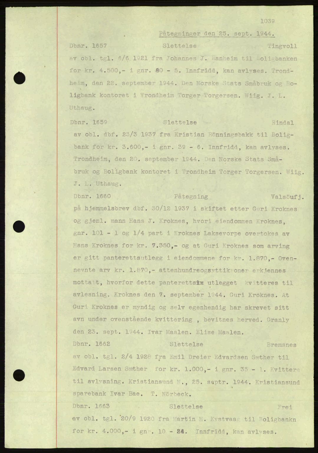 Nordmøre sorenskriveri, AV/SAT-A-4132/1/2/2Ca: Mortgage book no. C81, 1940-1945, Diary no: : 1657/1944