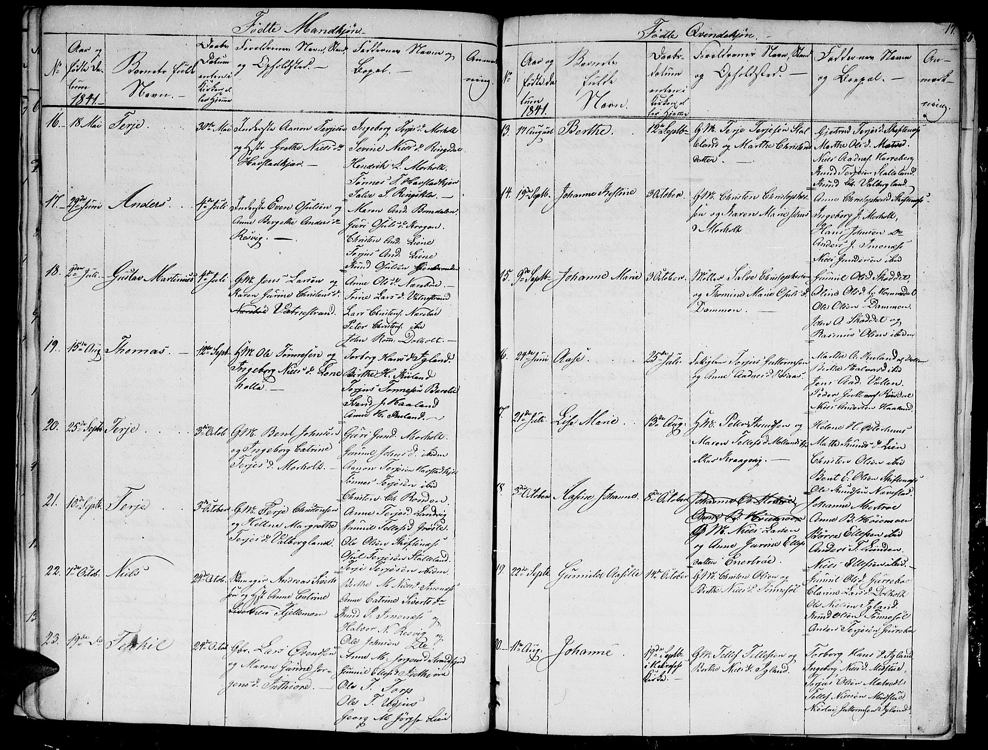 Hommedal sokneprestkontor, AV/SAK-1111-0023/F/Fb/Fbb/L0004: Parish register (copy) no. B 4, 1836-1849, p. 17