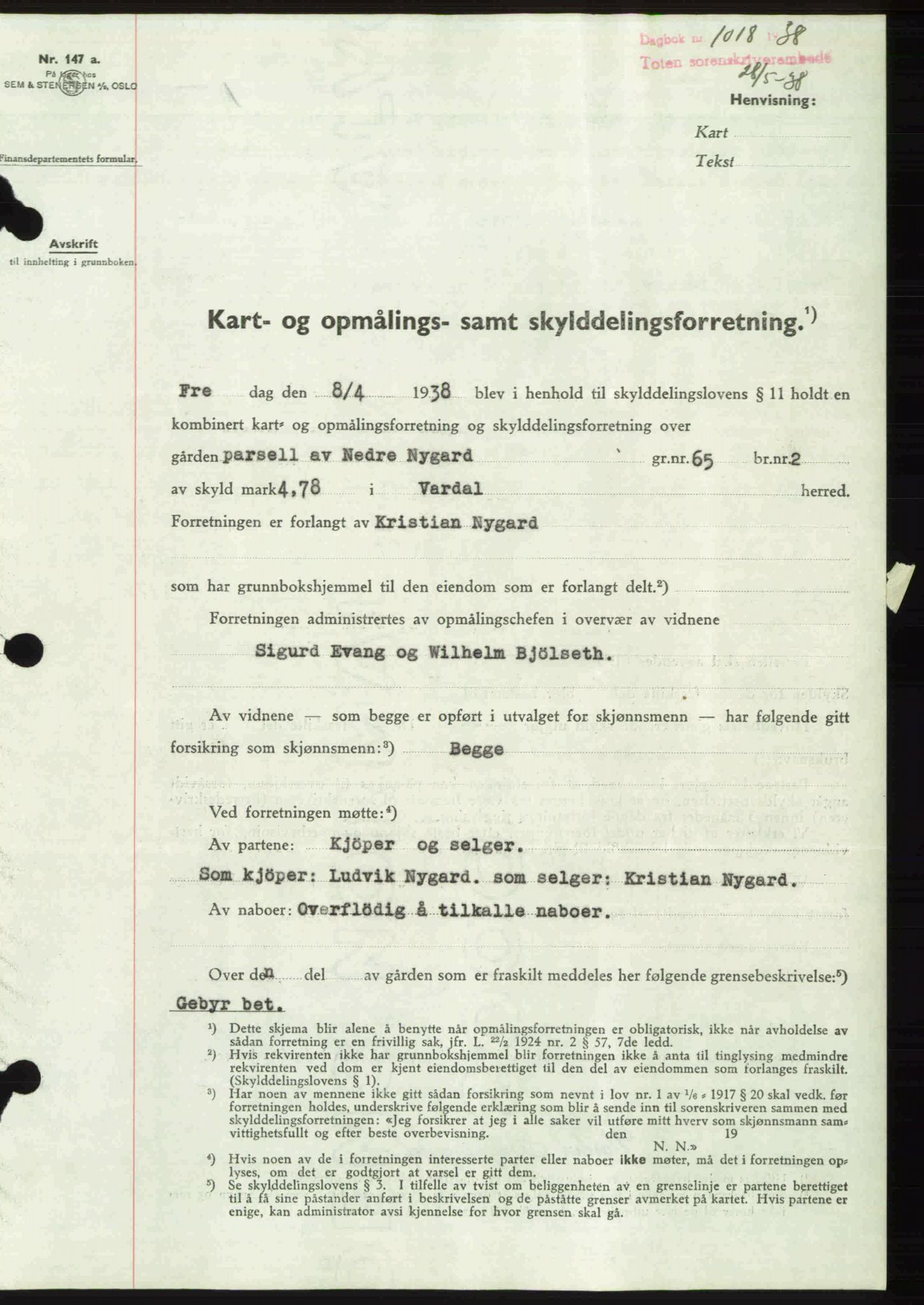 Toten tingrett, SAH/TING-006/H/Hb/Hbc/L0004: Mortgage book no. Hbc-04, 1938-1938, Diary no: : 1018/1938