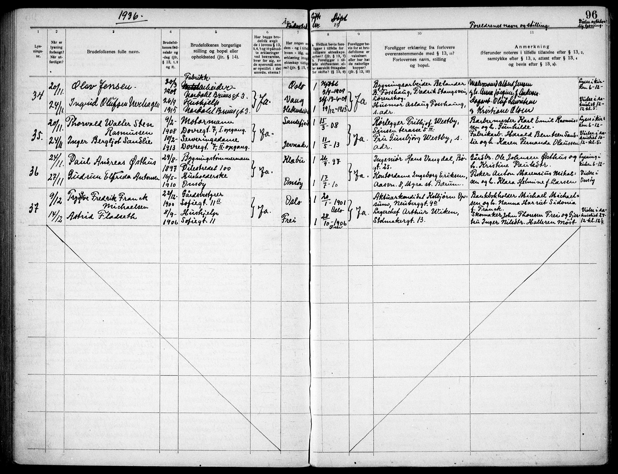 Markus prestekontor Kirkebøker, AV/SAO-A-10830/H/L0001: Banns register no. 1, 1919-1937, p. 96