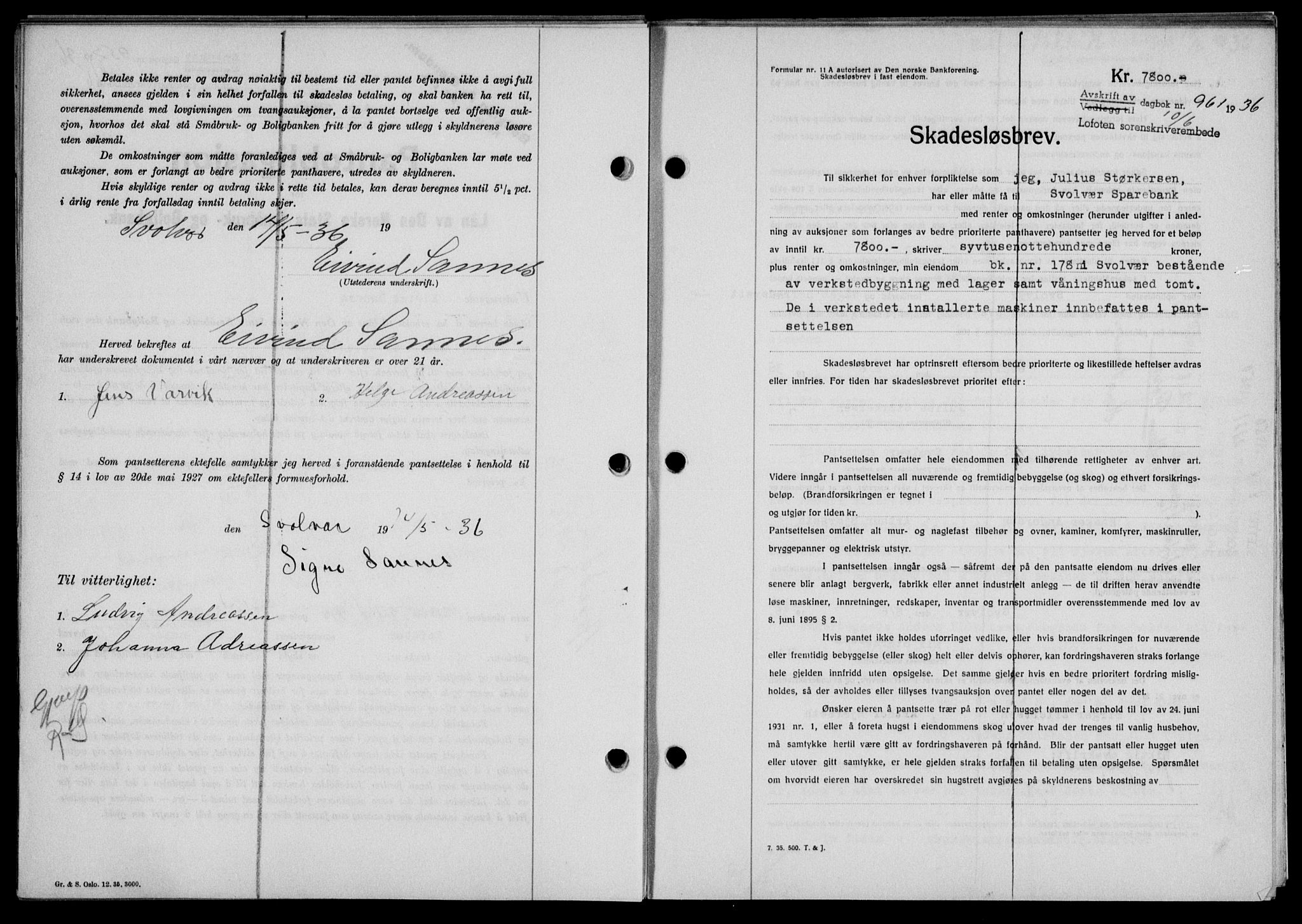 Lofoten sorenskriveri, SAT/A-0017/1/2/2C/L0033b: Mortgage book no. 33b, 1936-1936, Diary no: : 961/1936