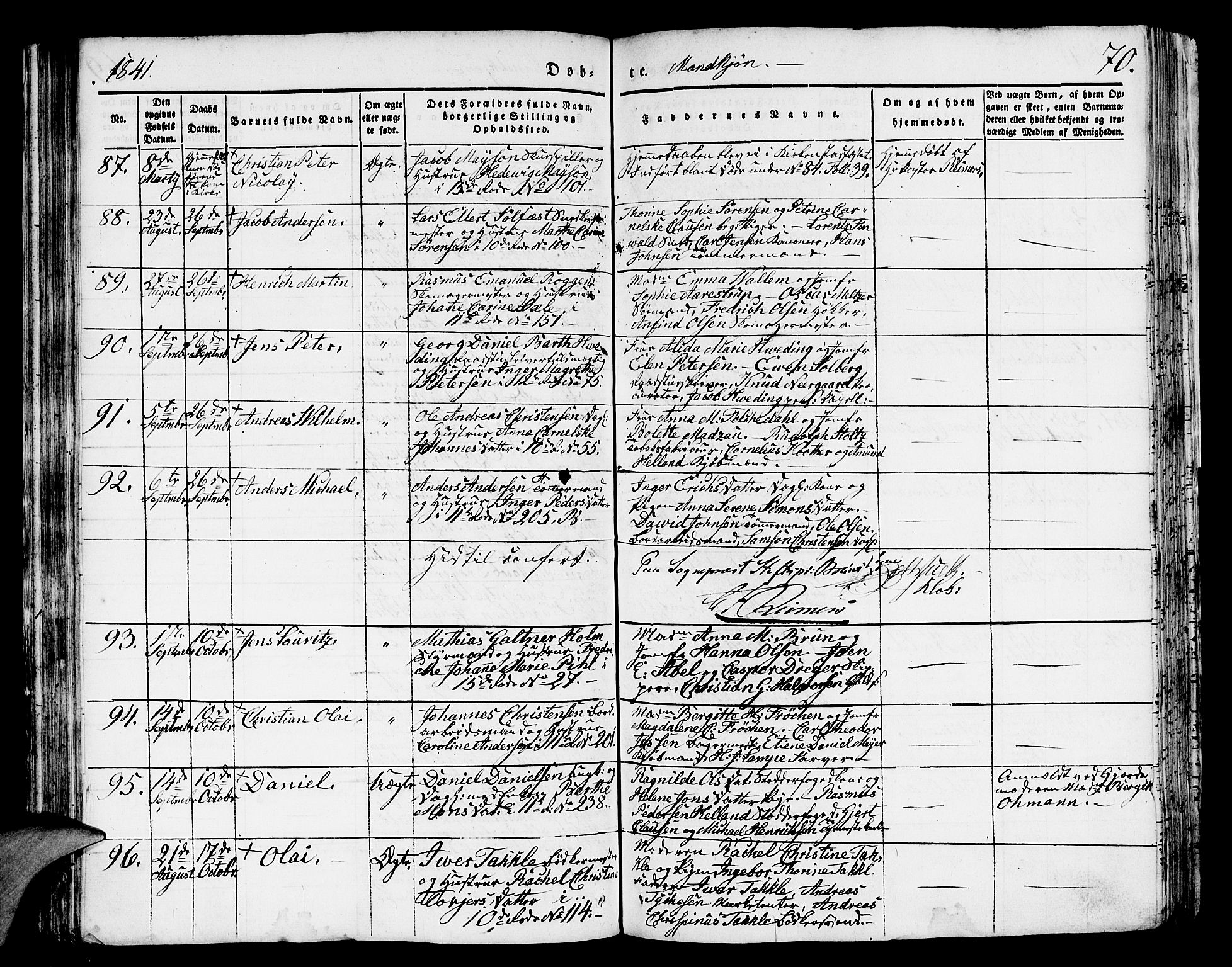 Domkirken sokneprestembete, SAB/A-74801/H/Hab/L0008: Parish register (copy) no. B 1, 1836-1841, p. 70