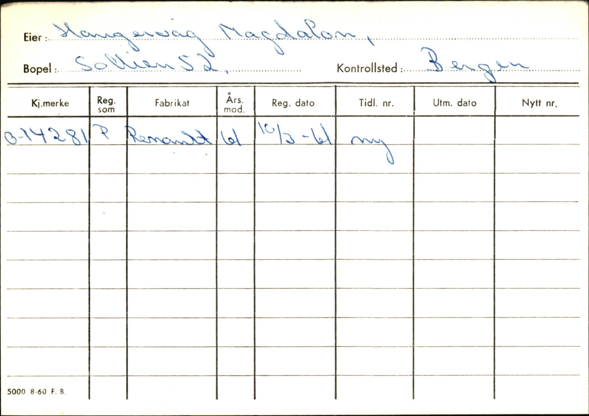 Statens vegvesen, Hordaland vegkontor, SAB/A-5201/2/Hb/L0013: O-eierkort H, 1920-1971, p. 1