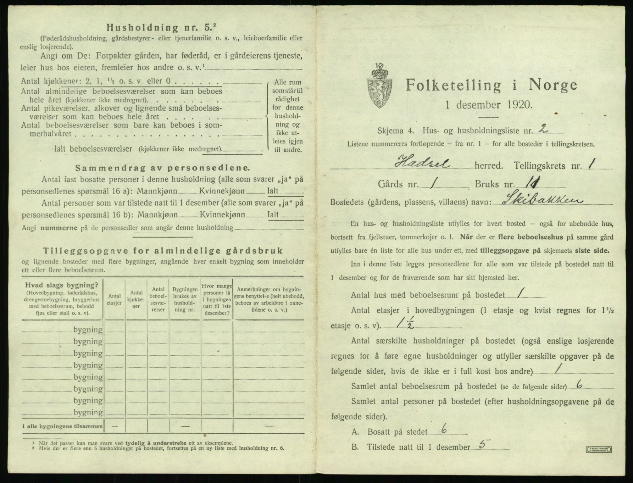 SAT, 1920 census for Hadsel, 1920, p. 102