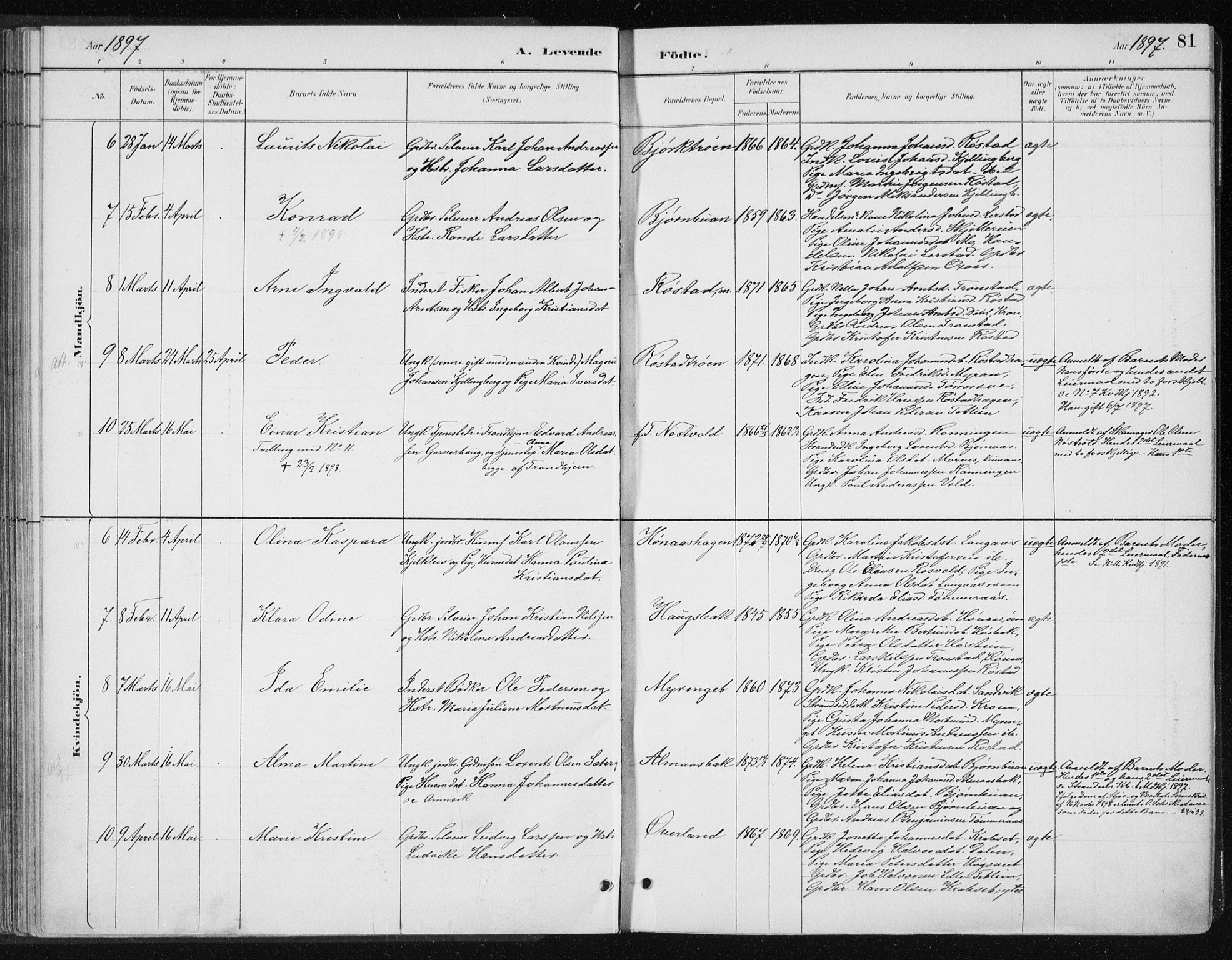 Ministerialprotokoller, klokkerbøker og fødselsregistre - Nord-Trøndelag, AV/SAT-A-1458/701/L0010: Parish register (official) no. 701A10, 1883-1899, p. 81