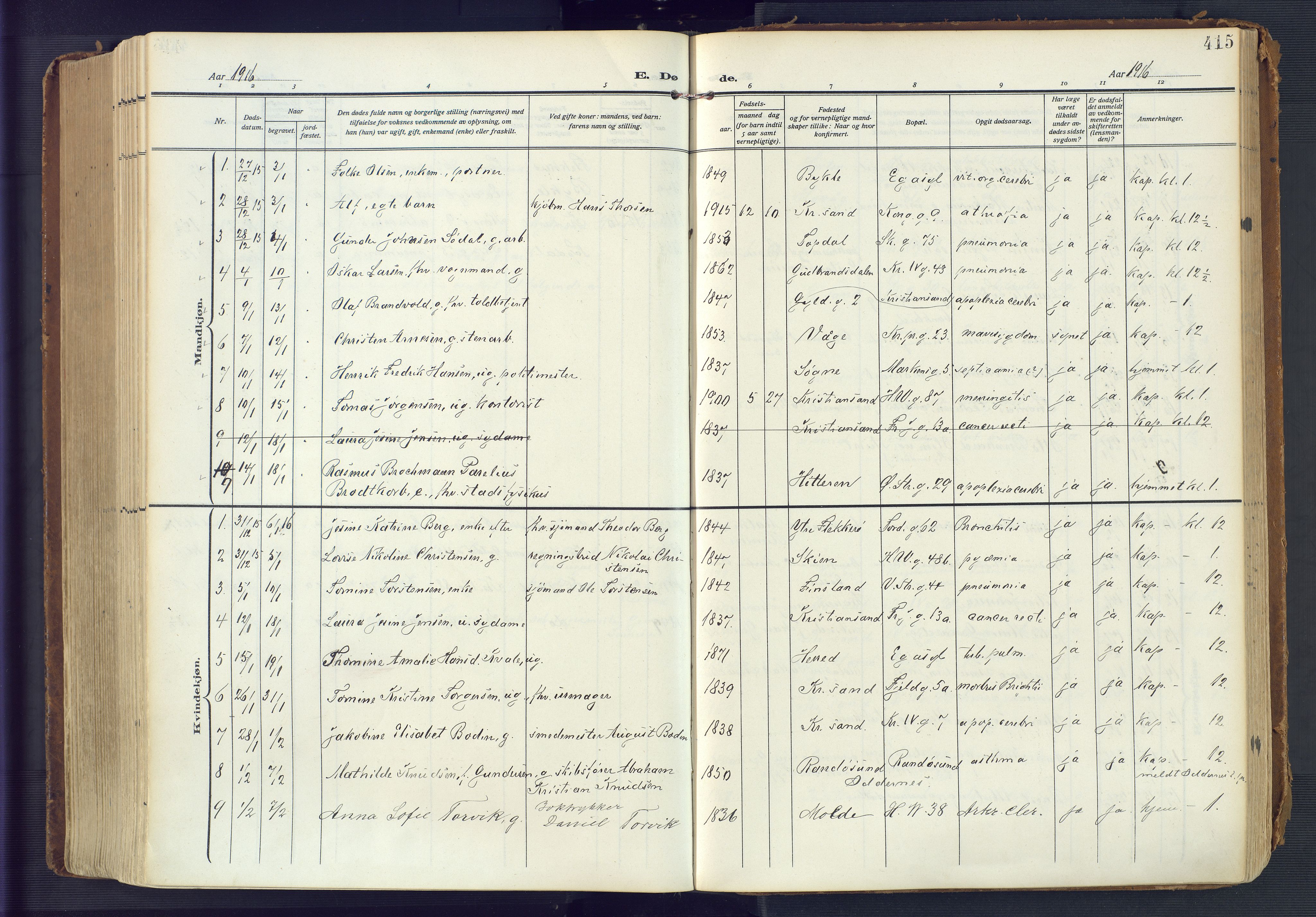 Kristiansand domprosti, AV/SAK-1112-0006/F/Fa/L0023: Parish register (official) no. A 22, 1909-1917, p. 415