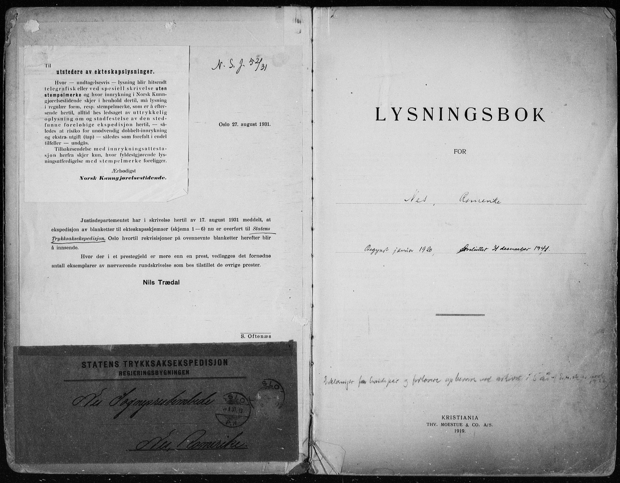 Nes prestekontor Kirkebøker, AV/SAO-A-10410/H/L0001: Banns register no. 1, 1920-1941