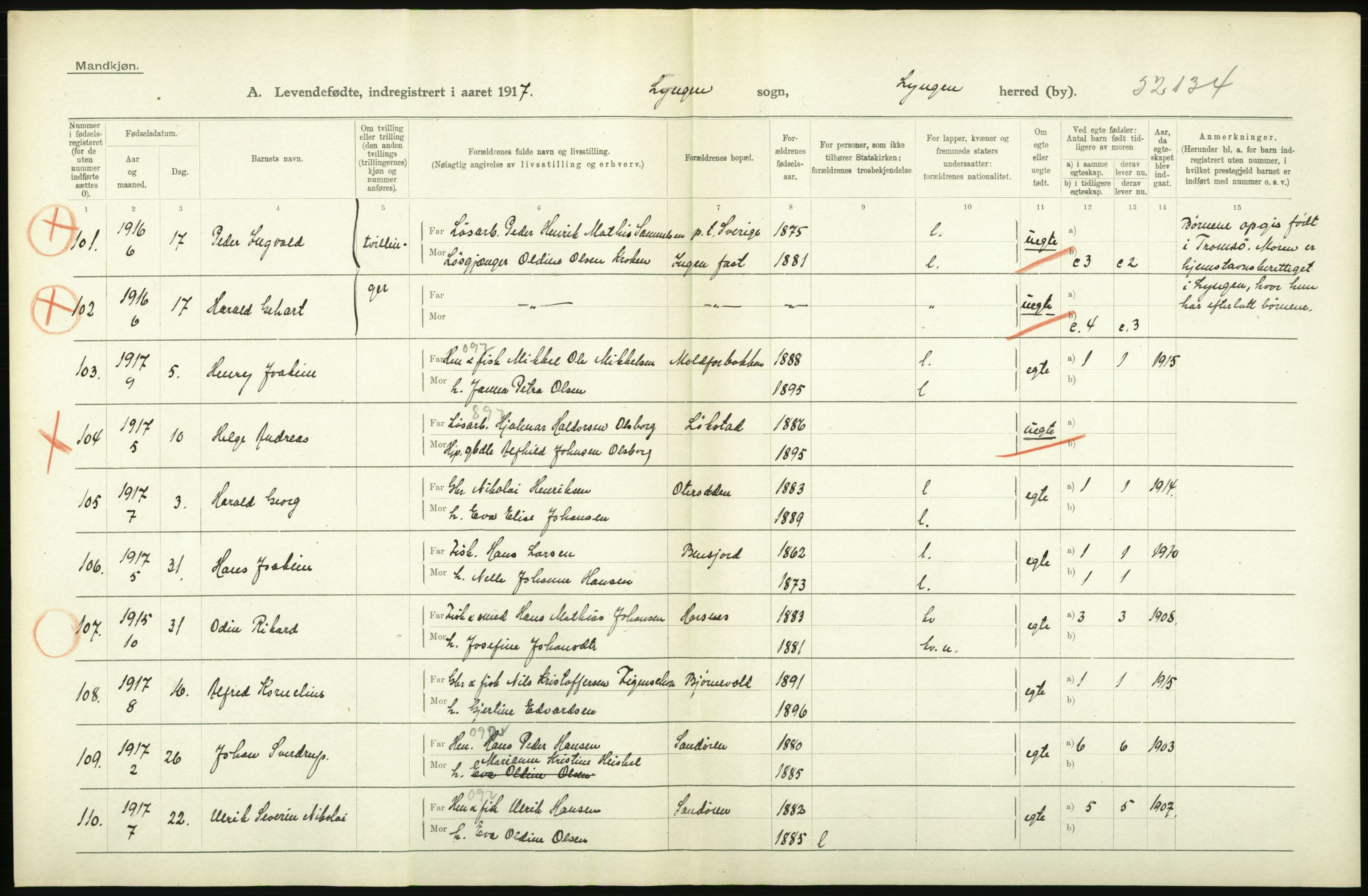 Statistisk sentralbyrå, Sosiodemografiske emner, Befolkning, AV/RA-S-2228/D/Df/Dfb/Dfbg/L0053: Tromsø amt: Levendefødte menn og kvinner. Bygder og byer., 1917, p. 222