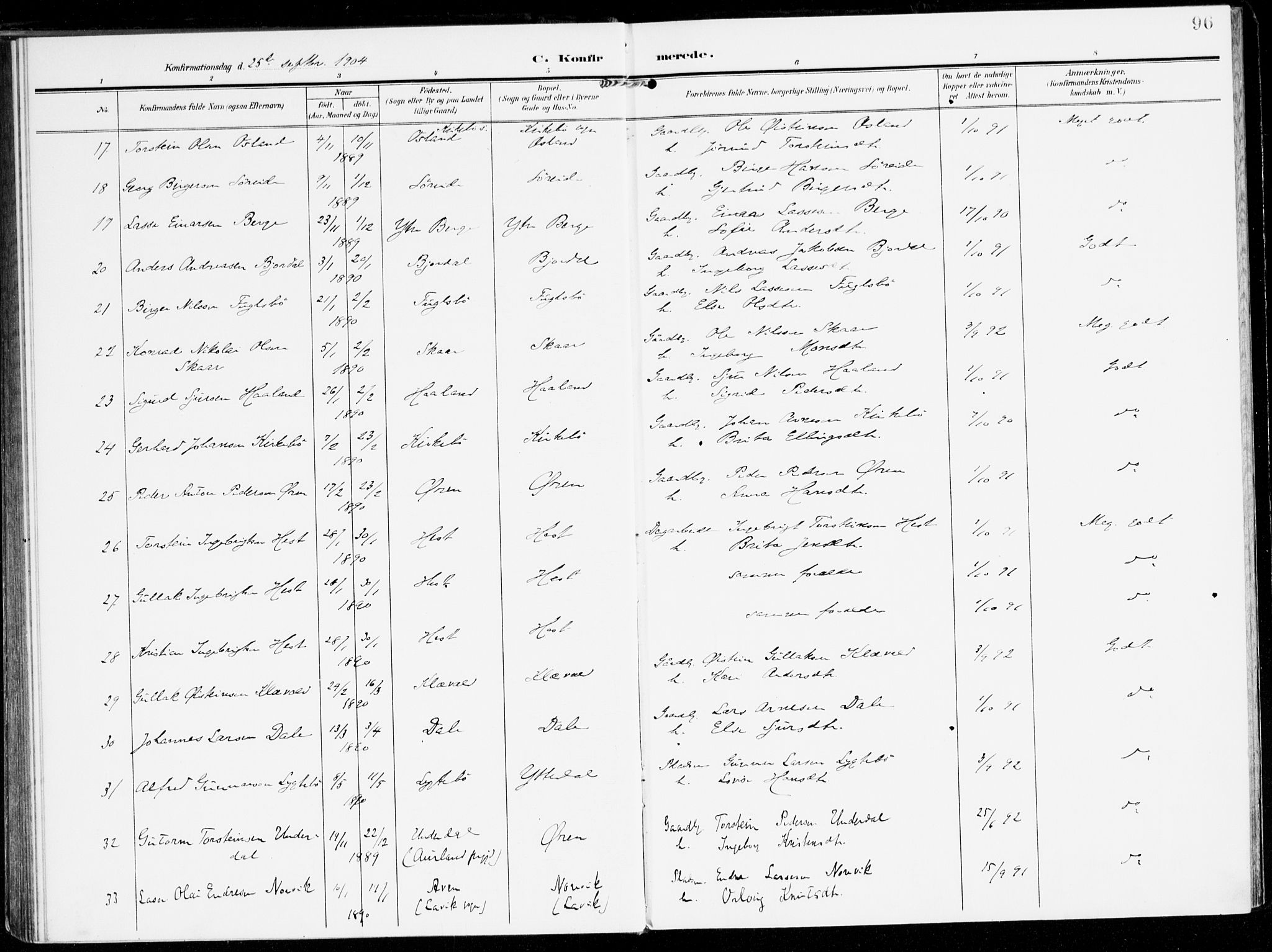 Lavik sokneprestembete, AV/SAB-A-80901: Parish register (official) no. C 2, 1904-1921, p. 96