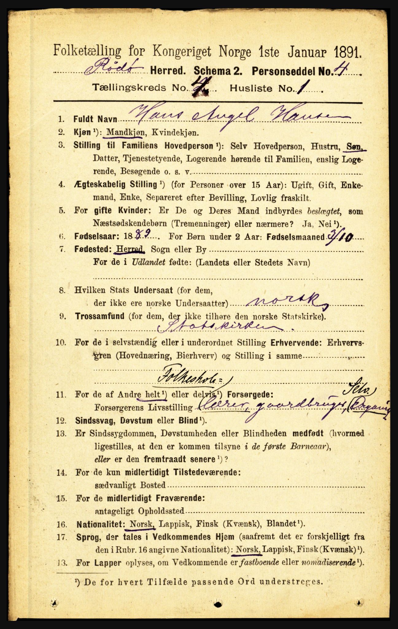 RA, 1891 census for 1836 Rødøy, 1891, p. 1588