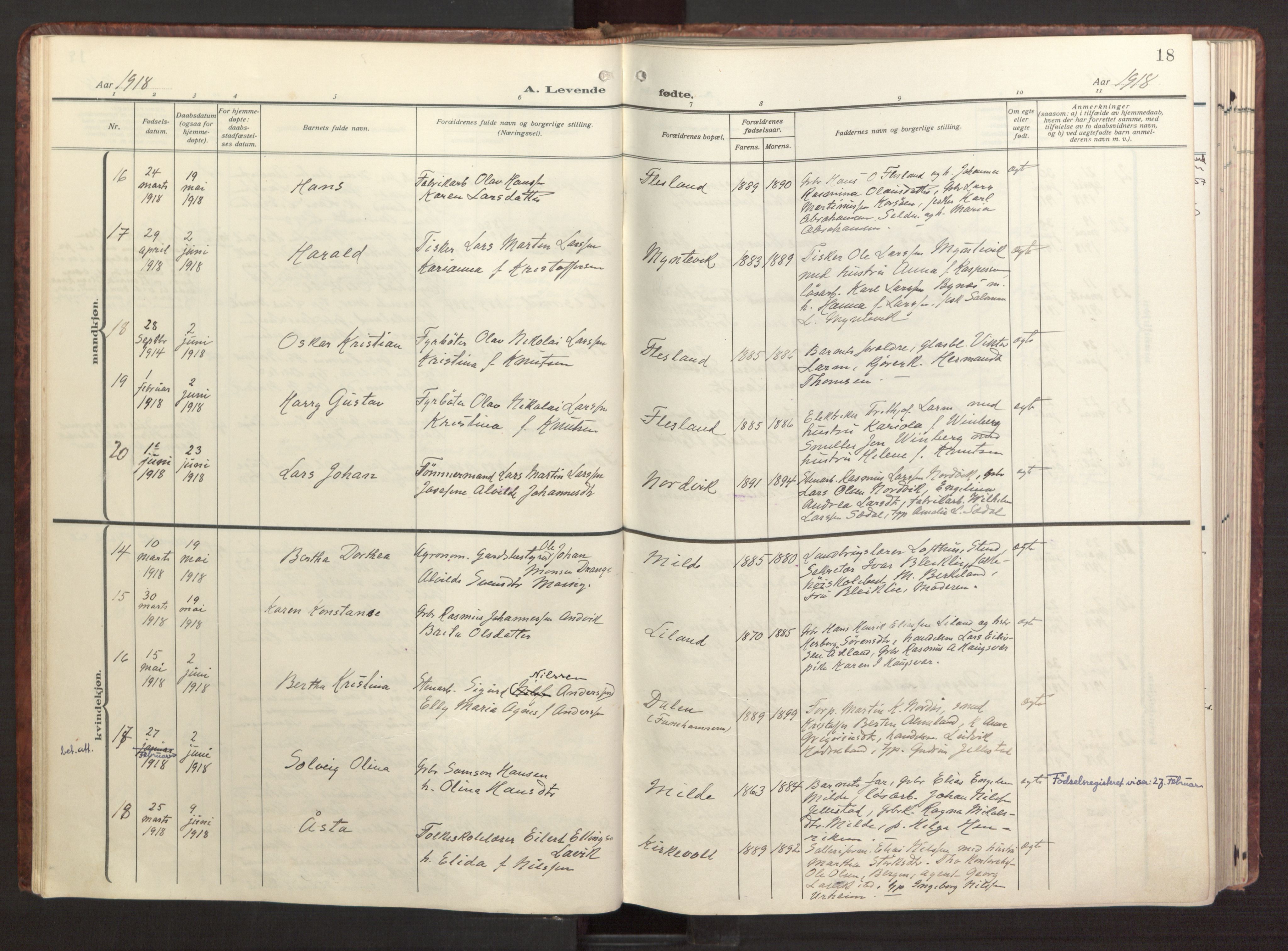 Fana Sokneprestembete, SAB/A-75101/H/Haa/Haab/L0005: Parish register (official) no. B 5, 1915-1923, p. 18