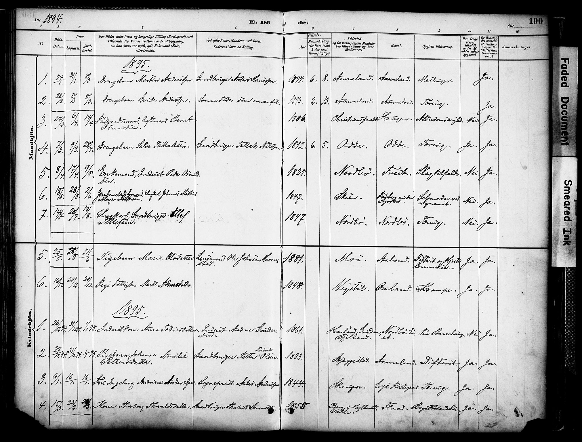 Evje sokneprestkontor, AV/SAK-1111-0008/F/Fa/Faa/L0007: Parish register (official) no. A 7, 1884-1909, p. 190