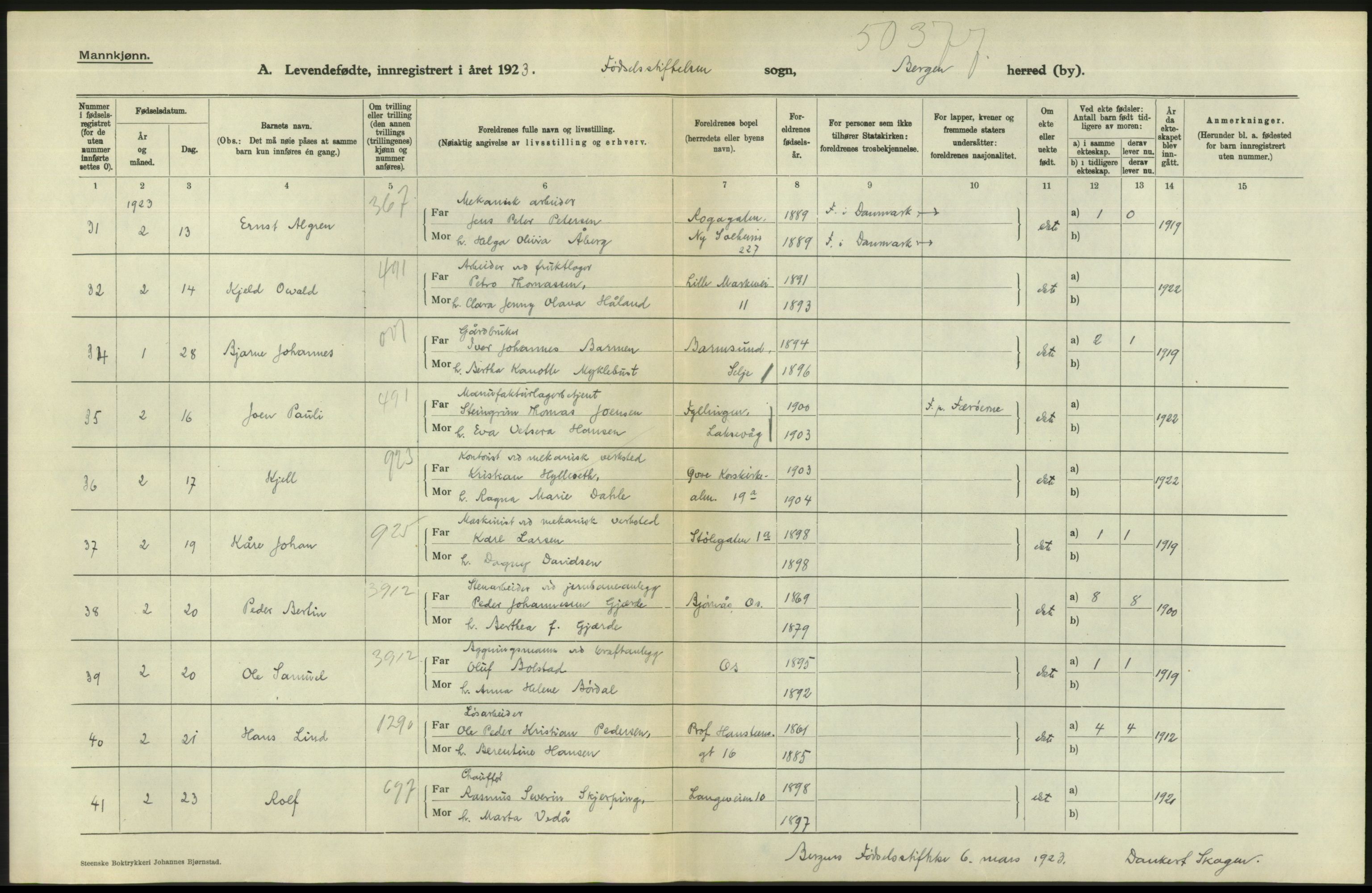 Statistisk sentralbyrå, Sosiodemografiske emner, Befolkning, AV/RA-S-2228/D/Df/Dfc/Dfcc/L0028: Bergen: Levendefødte menn og kvinner., 1923, p. 8