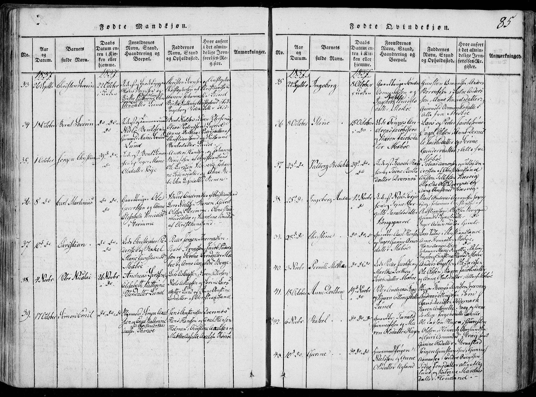 Oddernes sokneprestkontor, AV/SAK-1111-0033/F/Fa/Faa/L0005: Parish register (official) no. A 5, 1820-1838, p. 85