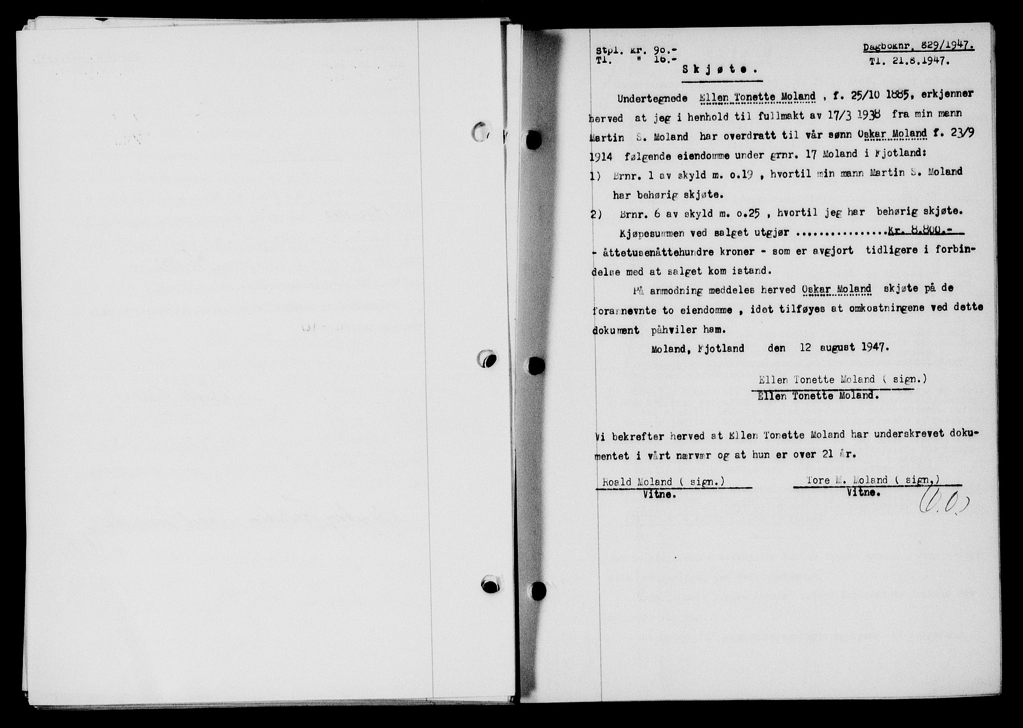 Flekkefjord sorenskriveri, SAK/1221-0001/G/Gb/Gba/L0062: Mortgage book no. A-10, 1947-1947, Diary no: : 829/1947