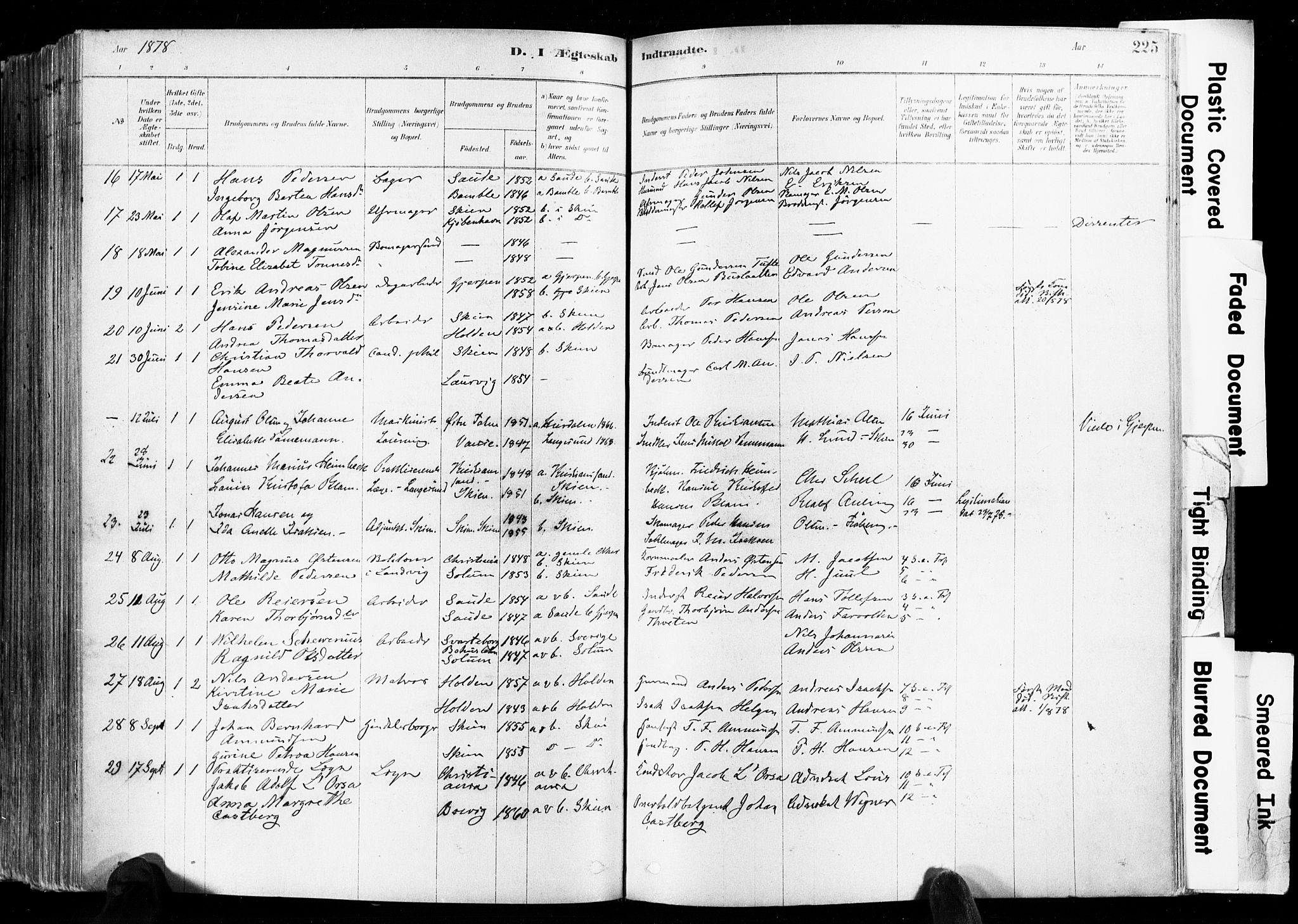 Skien kirkebøker, SAKO/A-302/F/Fa/L0009: Parish register (official) no. 9, 1878-1890, p. 225