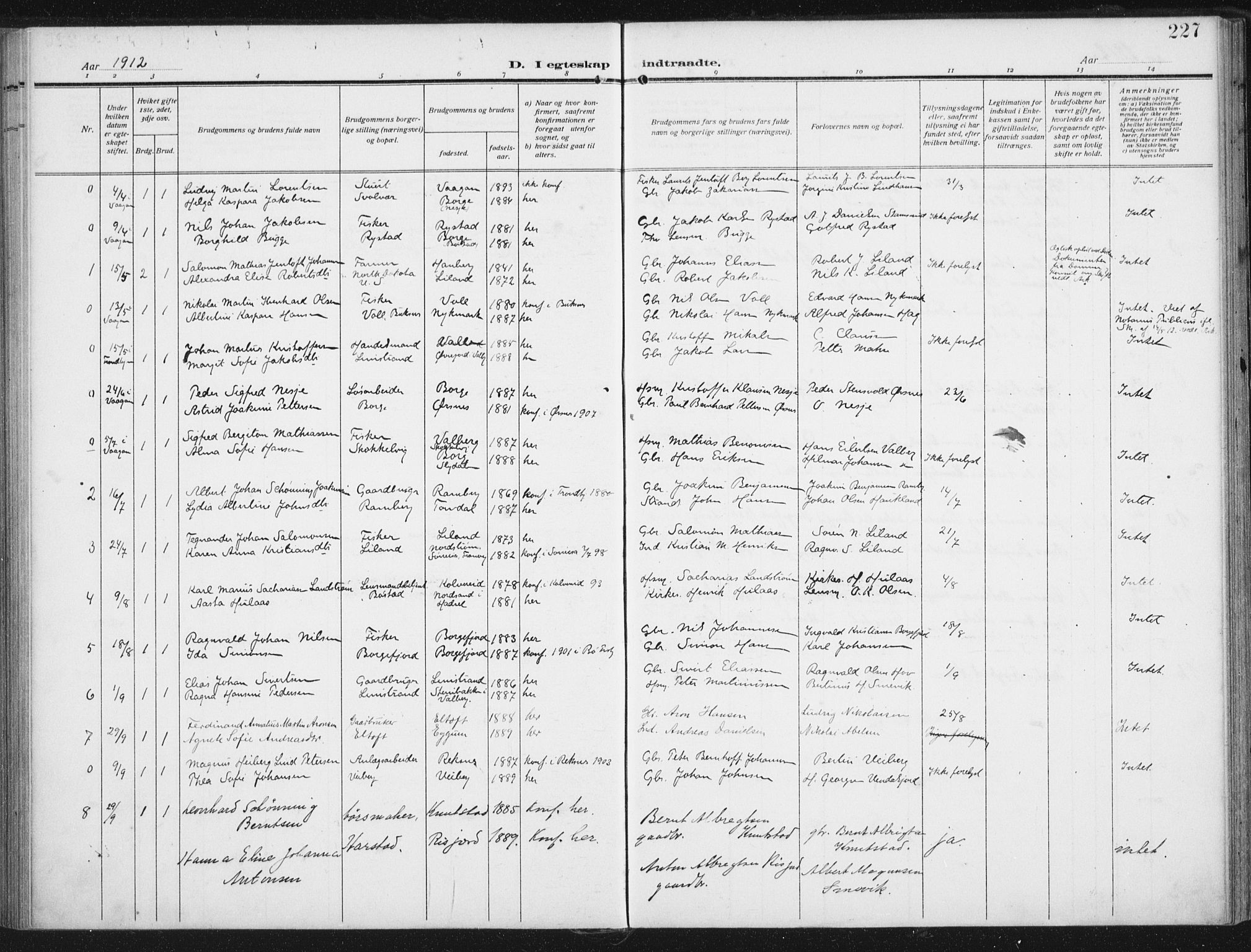 Ministerialprotokoller, klokkerbøker og fødselsregistre - Nordland, SAT/A-1459/880/L1135: Parish register (official) no. 880A09, 1908-1919, p. 227