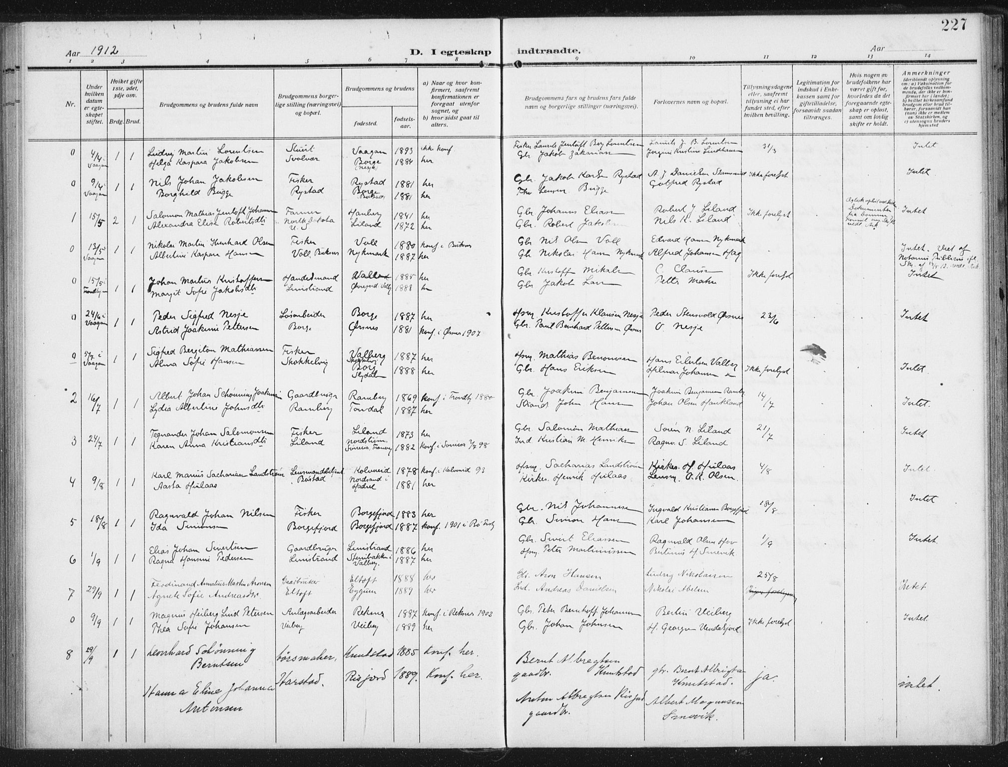 Ministerialprotokoller, klokkerbøker og fødselsregistre - Nordland, AV/SAT-A-1459/880/L1135: Parish register (official) no. 880A09, 1908-1919, p. 227