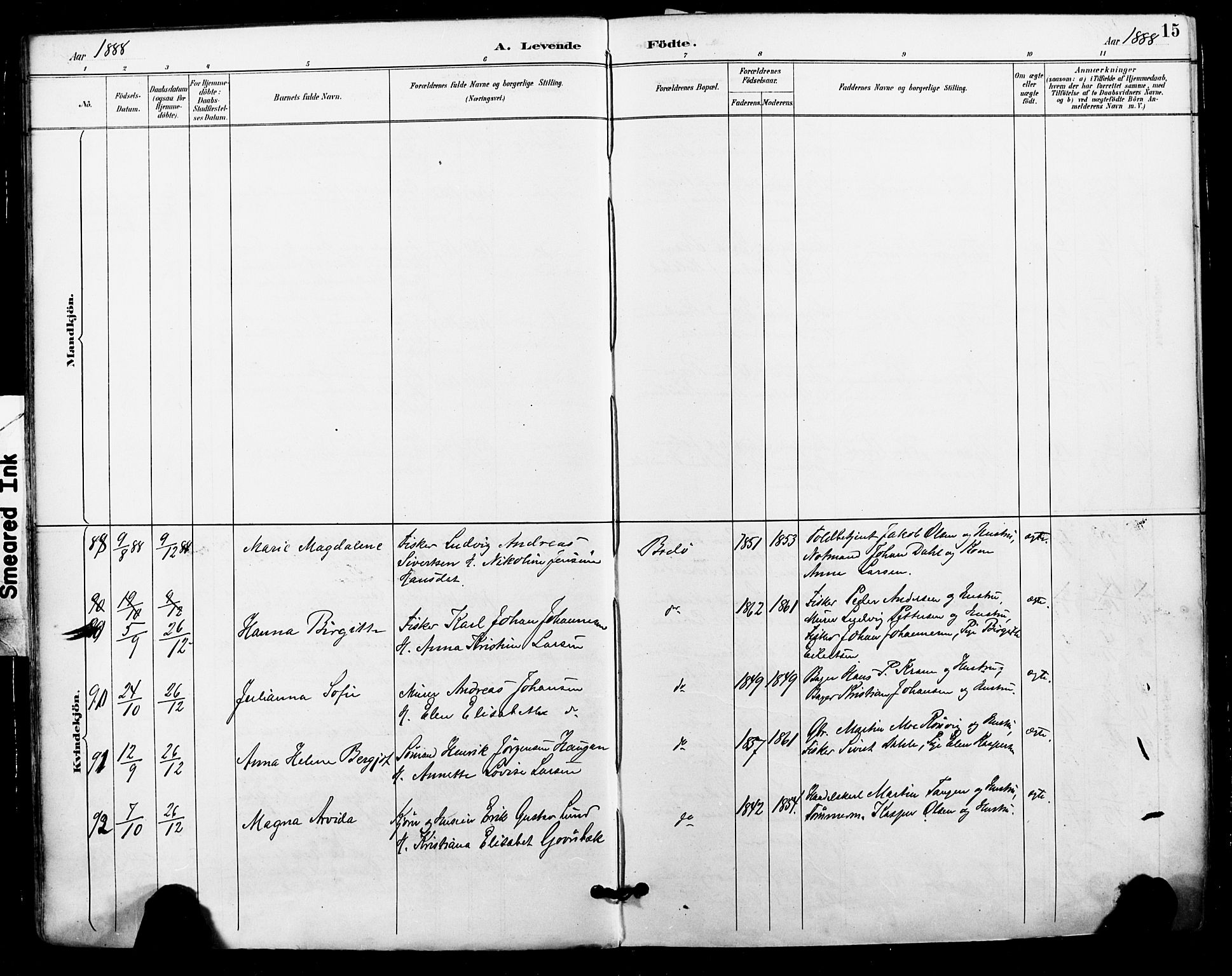 Ministerialprotokoller, klokkerbøker og fødselsregistre - Nordland, AV/SAT-A-1459/801/L0010: Parish register (official) no. 801A10, 1888-1899, p. 15