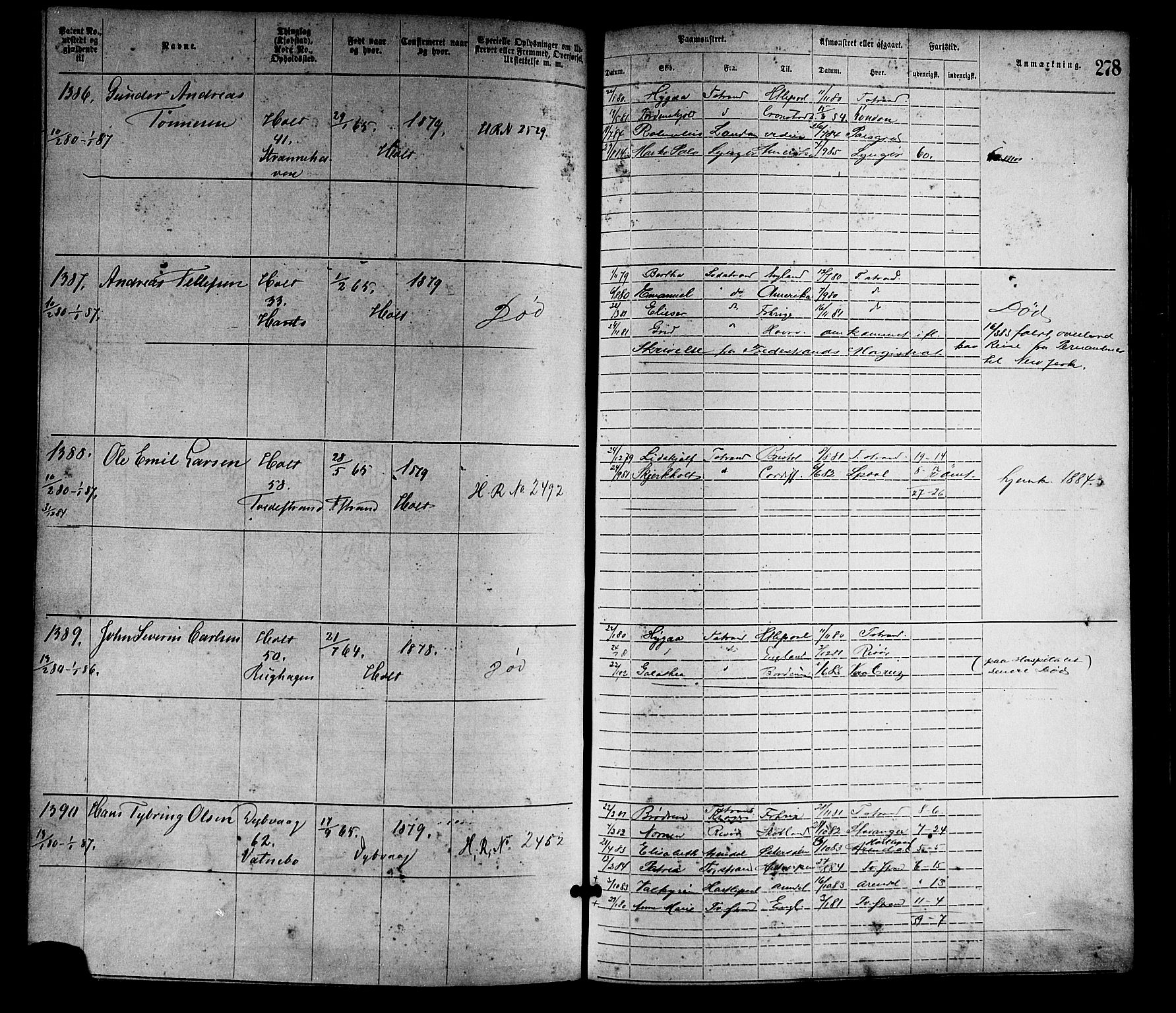 Tvedestrand mønstringskrets, SAK/2031-0011/F/Fa/L0001: Annotasjonsrulle nr 1-1905 med register, R-1, 1866-1886, p. 303