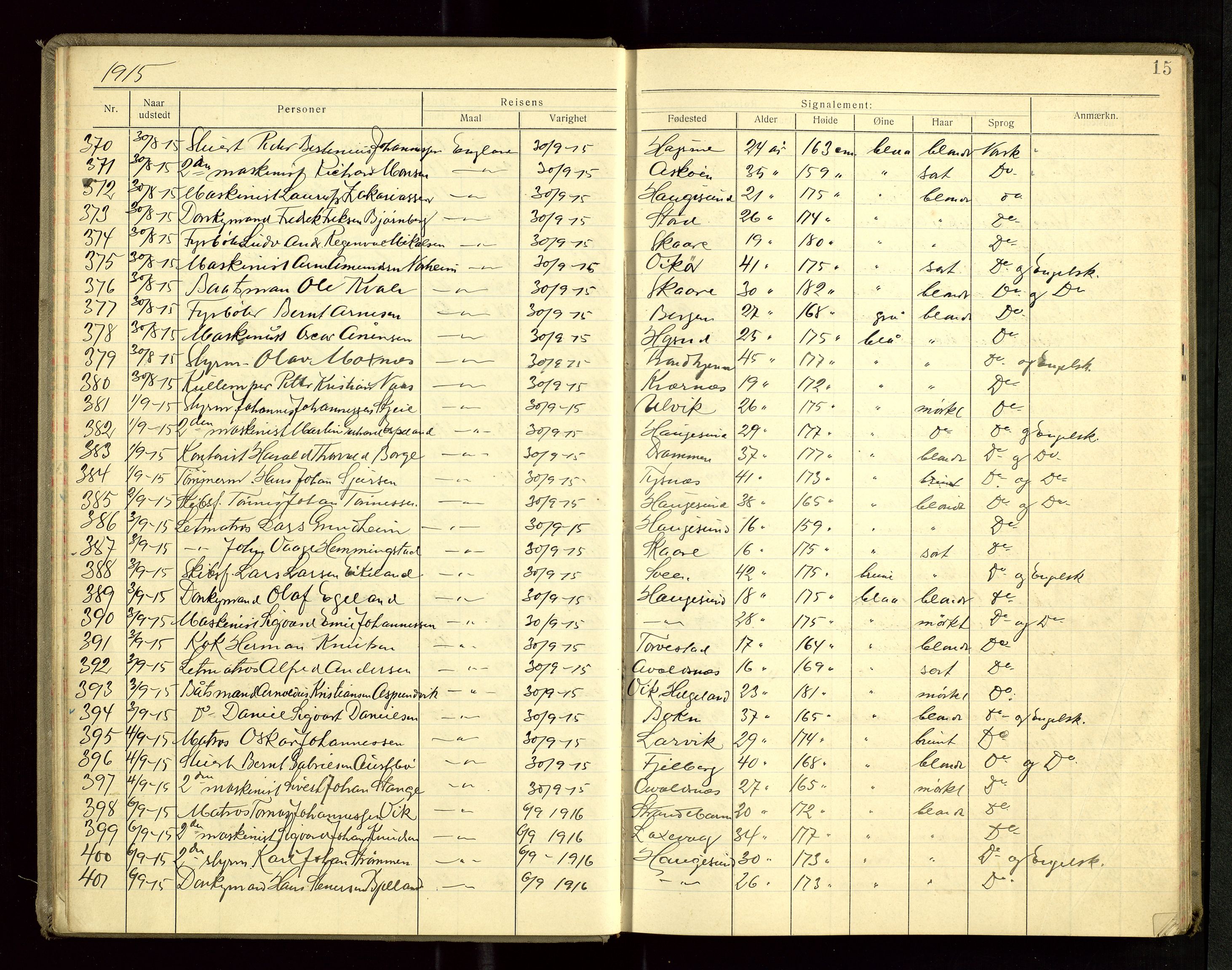 Haugesund politikammer, AV/SAST-A-100440/K/L0001: Passprotokoll 7. 5. 1912-5. 3. 1919, 1912-1919, p. 15