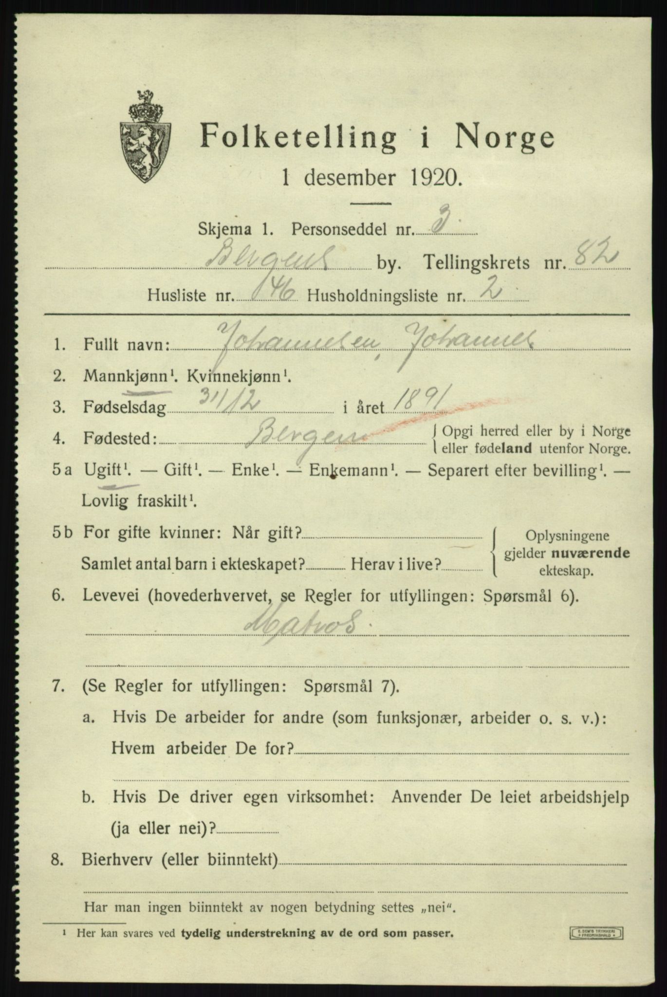 SAB, 1920 census for Bergen, 1920, p. 154263