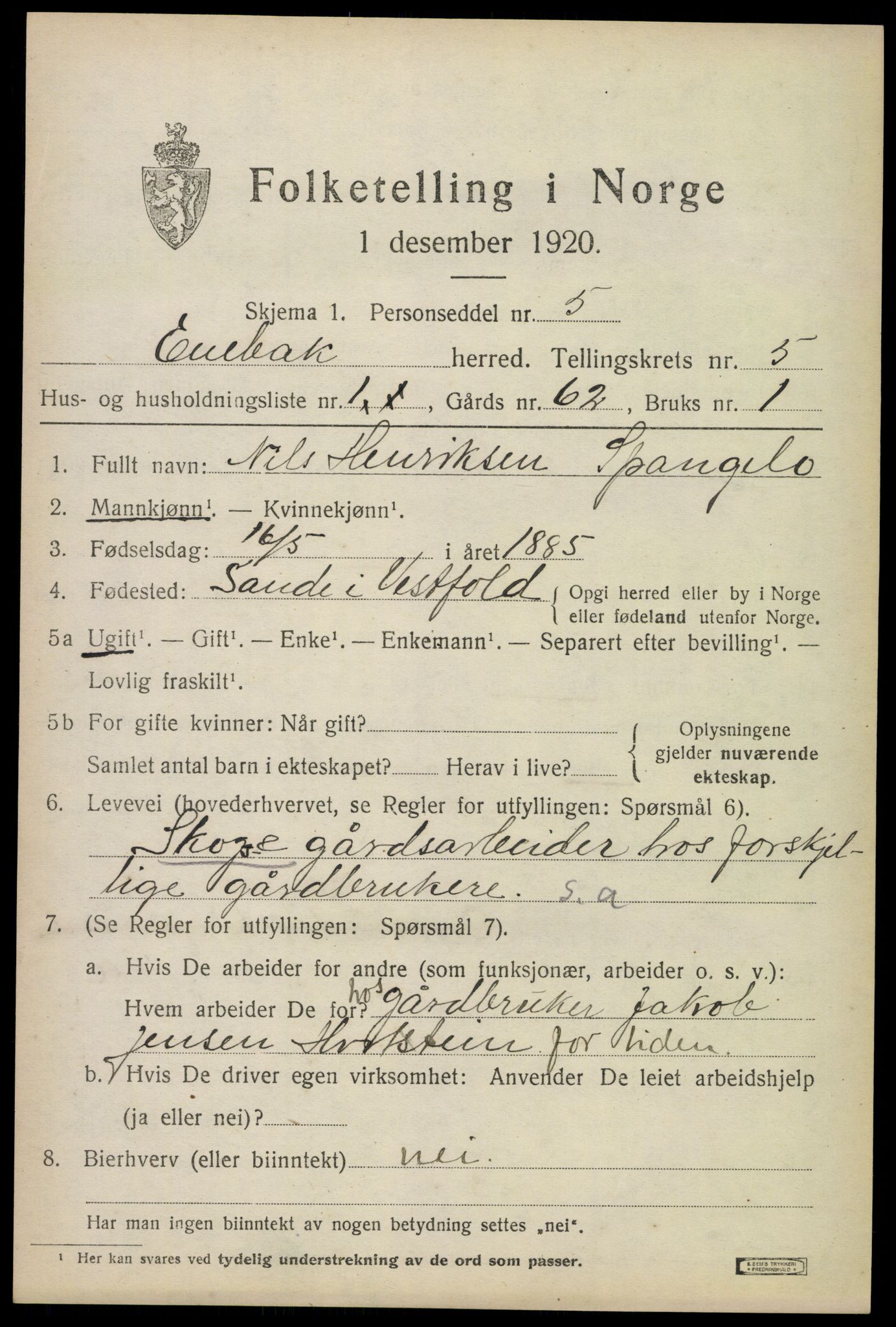 SAO, 1920 census for Enebakk, 1920, p. 4061