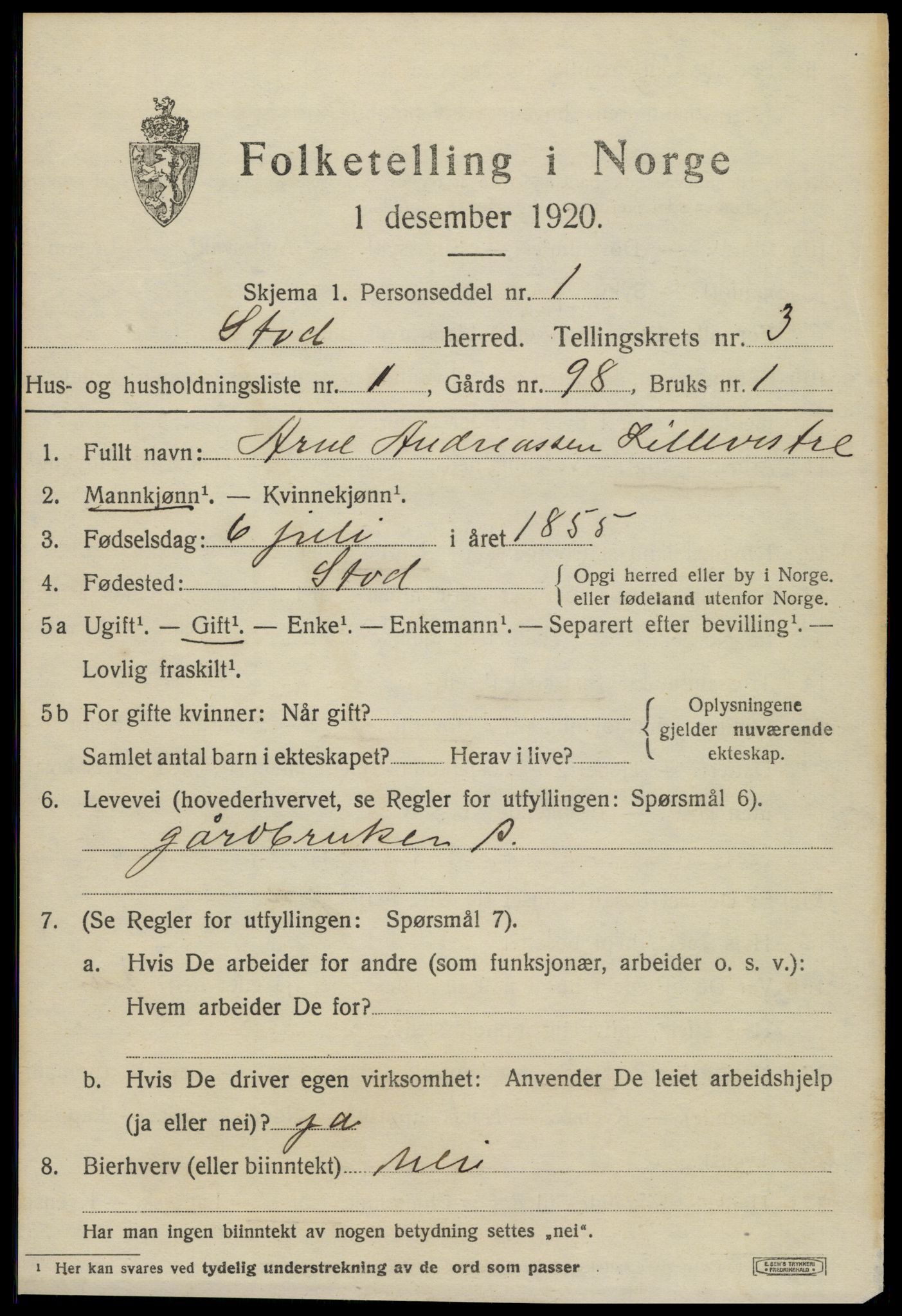 SAT, 1920 census for Stod, 1920, p. 2214