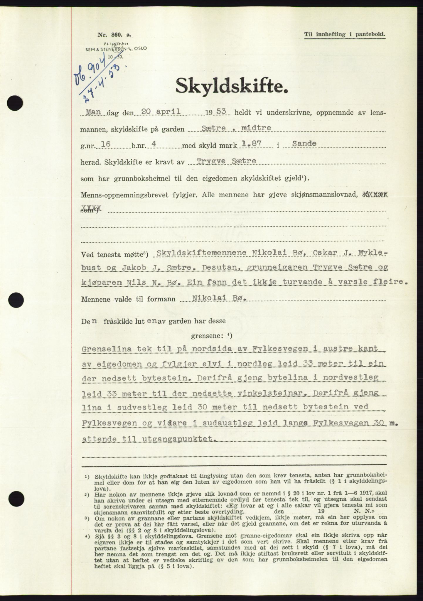 Søre Sunnmøre sorenskriveri, AV/SAT-A-4122/1/2/2C/L0094: Mortgage book no. 20A, 1953-1953, Diary no: : 904/1953