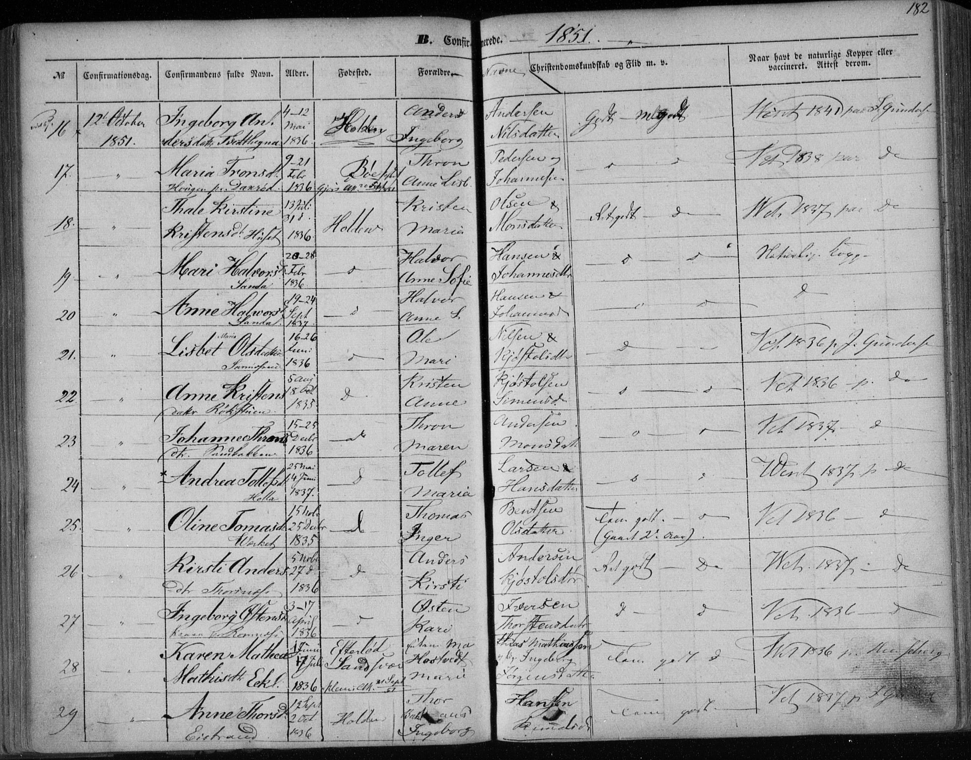 Holla kirkebøker, SAKO/A-272/F/Fa/L0005: Parish register (official) no. 5, 1849-1860, p. 182