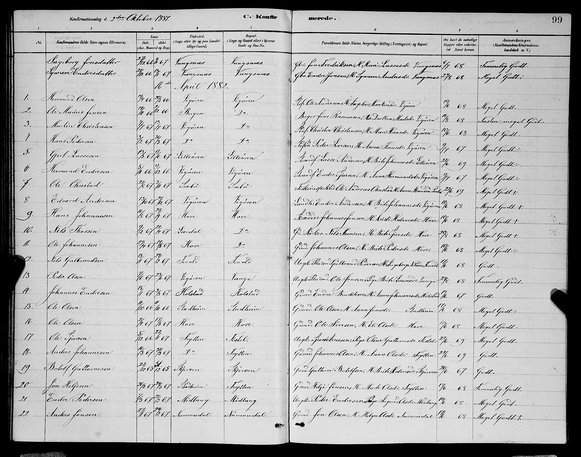 Vik sokneprestembete, AV/SAB-A-81501/H/Hab/Haba/L0003: Parish register (copy) no. A 3, 1878-1894, p. 99