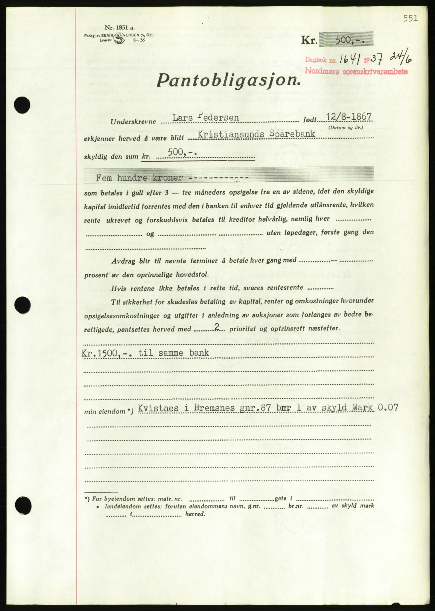 Nordmøre sorenskriveri, AV/SAT-A-4132/1/2/2Ca/L0091: Mortgage book no. B81, 1937-1937, Diary no: : 1641/1937